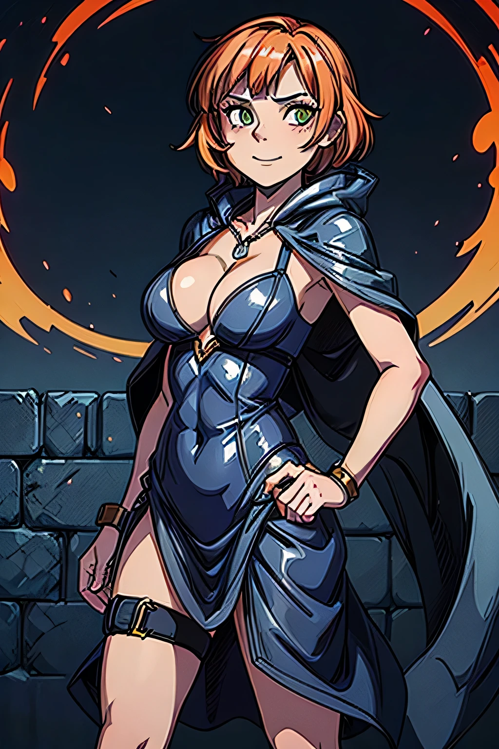 (((masterpiece))), (((best quality))), illustration, single character, game character, rpg character, female character, female necromancer, dark blue dress with golden details, leather bracers. huge cleavage. small breasts. gemmed necklace. side butt. wide hips. up turned hips. Side hips exposed. wavy short hair. orange short hair, slightly pointy ears, yellowgreen eyes, malicious face, smile. attittude woman. open hooded short black cloak. orange hair. sexy posing. dungeon background, flat color background, anime character, 8k, awesome quality