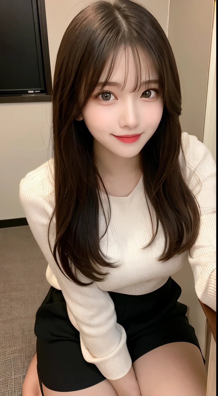 table top, highest quality, shape, Super detailed, finely, High resolution, 8k wallpaper, 完璧なダイナミックな構shape, beautiful and detailed eyes, straight hair, small breasts, natural color lip, random sexy pose,smile,20 year old girl、midnight、Beautiful and dense face、perfect and beautiful face,Big eyes、Raw photo、Expressing feminine poses with your whole body、beautiful and detailed eyes、small face、beautiful duplex、slim face and style,beautiful golden ratio face、long sleeve blouse、black shorts、Smile