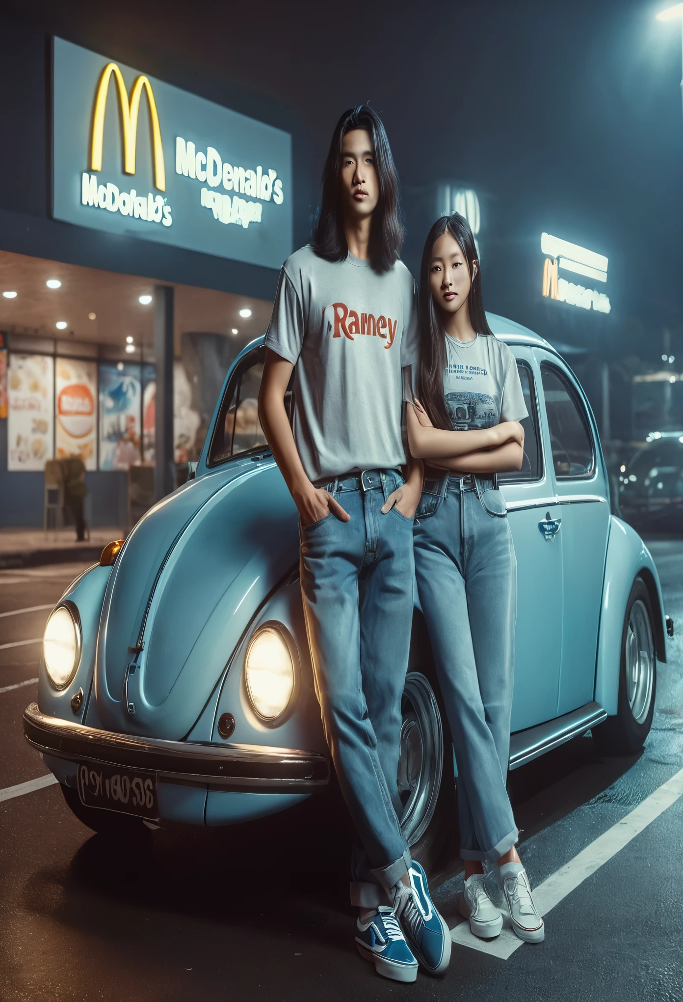 full-body photography, high resolution, (photorealistic), Indonesian man with long straight hair, 26 years old with a girl, standing next to VW Beetle baby blue, wearing a t-shirt that says "RAMEY" shoes Vans, McDonald's parking night background, sharp re, by lee jeffries nikon d850 film stock photo 4 kodak portra 400 camera f1.6 lens rich hyper realistic colors lifelike textures dramatic lighting unreal machines trending in cinema arttation 800, detailed no defects.