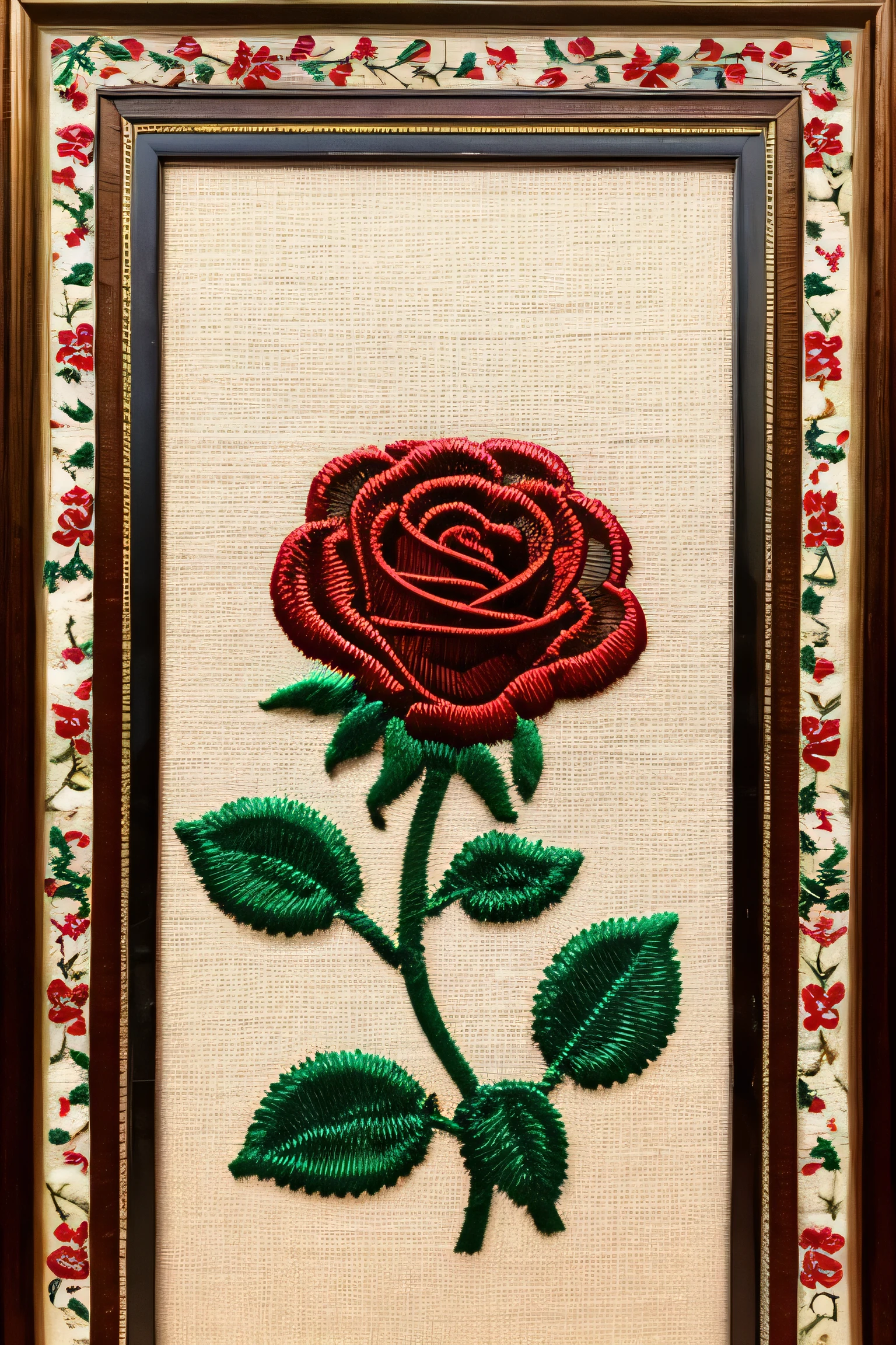 embroidery frame with rose, embroidery, red white green Embroidery thread