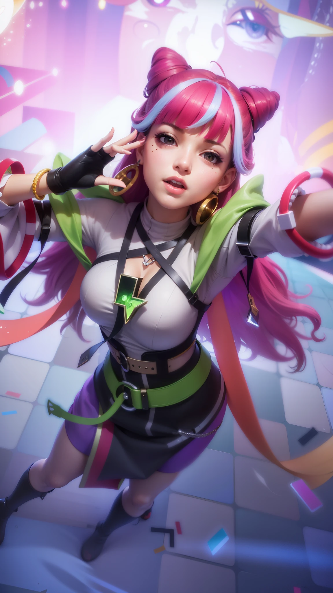 a close up of a woman with a pink hair and a green top, 8k, ultra hd, ultra detailed texture, hyper realistic, detailed texture, detailed face, detailed skin, detailed lighting, (photorealistic:1.5), best quality, beautiful lighting, cinematic lighting, professional lighting, ultra highres, realistic, detailed hair, real hair, high quality, (realskin:1.5), extremely detailed, finely detail, ultra-detailed, red lips glossy, detail eyes, cinematic background, kda, rossdraws cartoon vibrant, style artgerm, inspired by Jules Chéret, artgerm lau, extremely detailed artgerm, artgerm style, rossdraws pastel vibrant, portrait knights of zodiac girl, style of artgerm, range murata and artgerm, smile happy