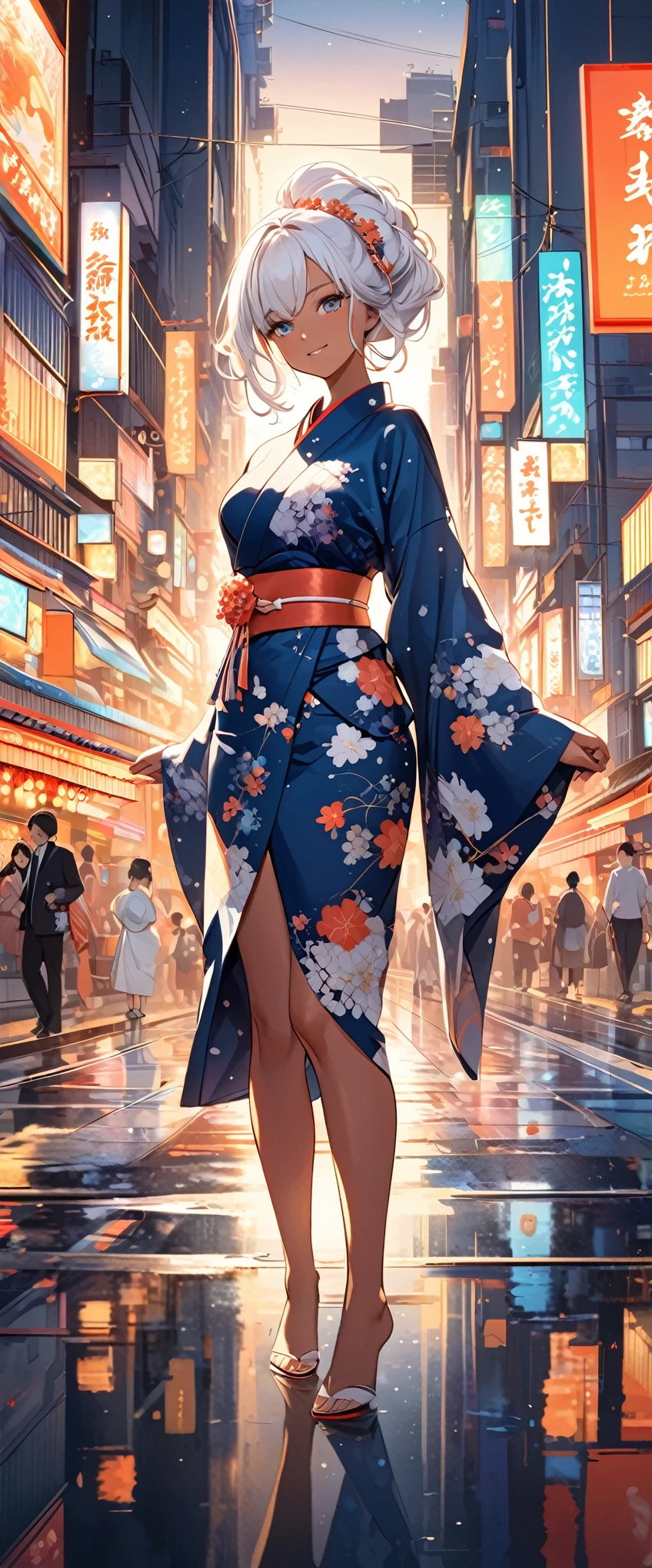 Craft an illustration of an anime girl with a perfect hourglass figure, white hair, and tan Japanese skin, in a new and lively pose. She wears a kimono that gracefully outlines her curves, reflecting the golden ratio. The kimono is adorned with a contemporary design that signifies innovation and progress. Her eyes are meticulously detailed, shining with clarity and emotion, inviting the viewer into her vibrant world. The background features a richly detailed cityscape of Japan at night, alive with the glow of lights and the energy of the urban environment. This artwork aims to capture the entire scene, emphasizing the anime girl’s exquisite beauty, the sophistication of her kimono, and the dynamic backdrop of the night in Japan. The image is a masterpiece, portraying the anime girl in a fresh pose that highlights her character’s depth and the artistic harmony of the scene.