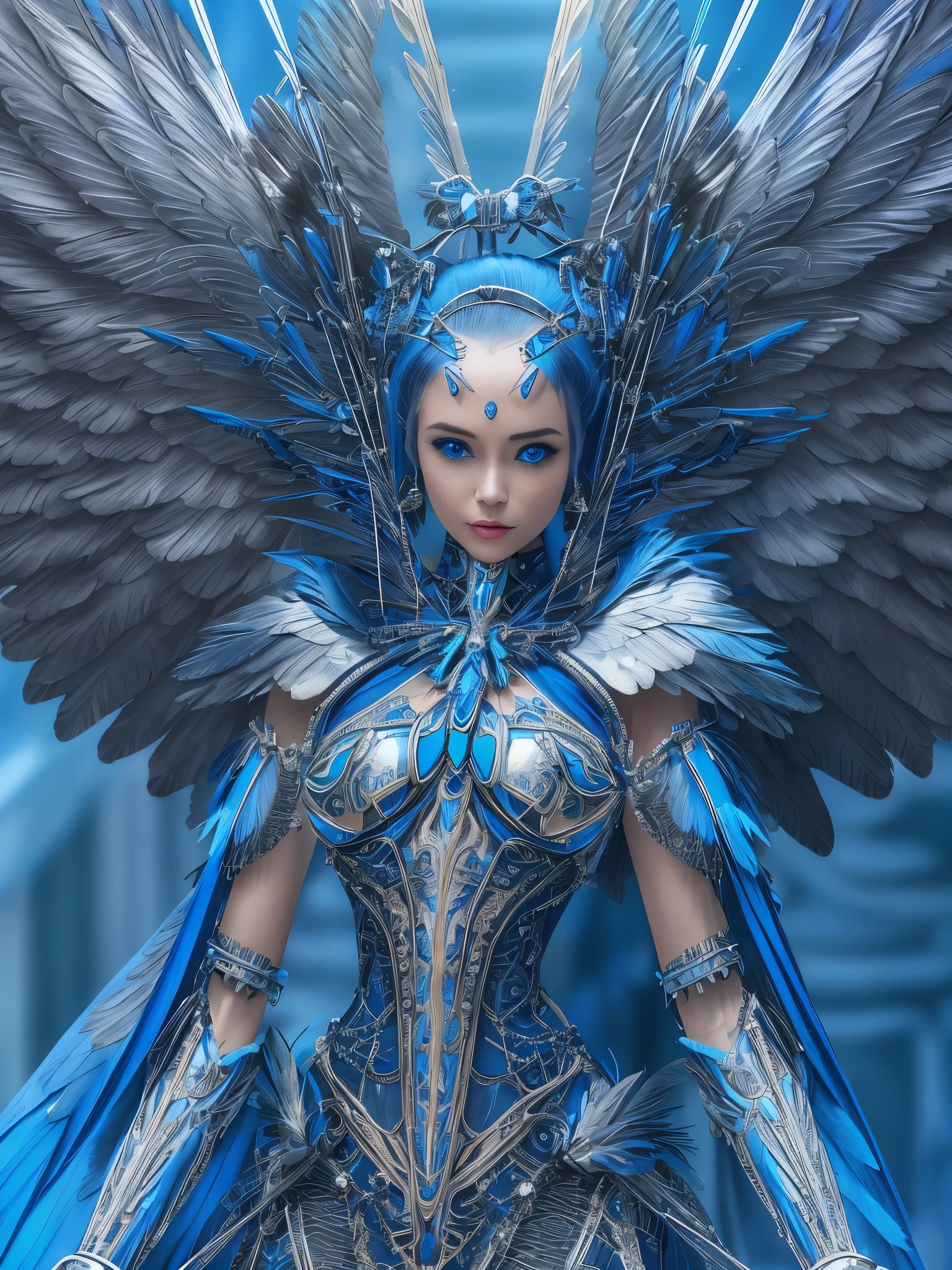 Close-up of a woman in a blue dress with wings, full body angel, futuristic robot angel, amazing angel wings, angel knight gothic girl, angel in plastic armor, intricate costume designs, As a mysterious Valkyrie, The whole body is made of blue feathers,, futuristic and fantastic, Blue wings, beautiful angel wings, steampunk angel, beautiful cyborg angel girl, graceful wings