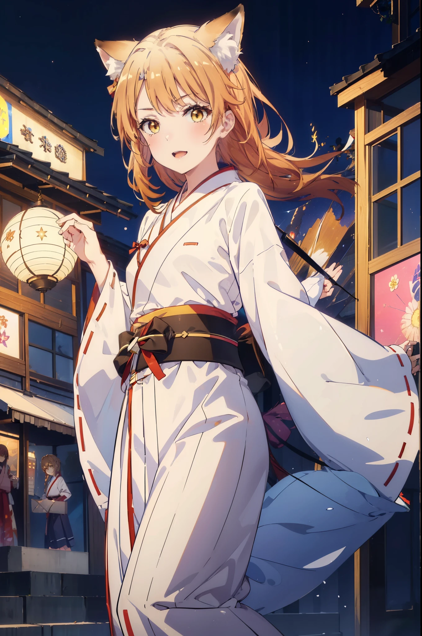 irohaisshiki, iroha isshiki, long hair, brown hair, (brown eyes:1.5), happy smile, smile, open your mouth,short braided hair,ponytail,animal ears fox ears,animal tail fox tail,bellflower,Miko, kimono, Red too,kimono, same as skirt, wide sleeve, long sleeve, Ribbon trim sleeves, white foot bag,Zori sandals,firework in the night sky、firework、The place is a firework display,Time is night,sunny day,全身がイラストに入るように
break outdoors, festival,
break looking at viewer,
break (masterpiece:1.2), highest quality, High resolution, unity 8k wallpaper, (shape:0.8), (beautiful deしっぽed eyes:1.6), extremely deしっぽed face, perfect lighting, extremely deしっぽed CG, (perfect hands, perfect anatomy),