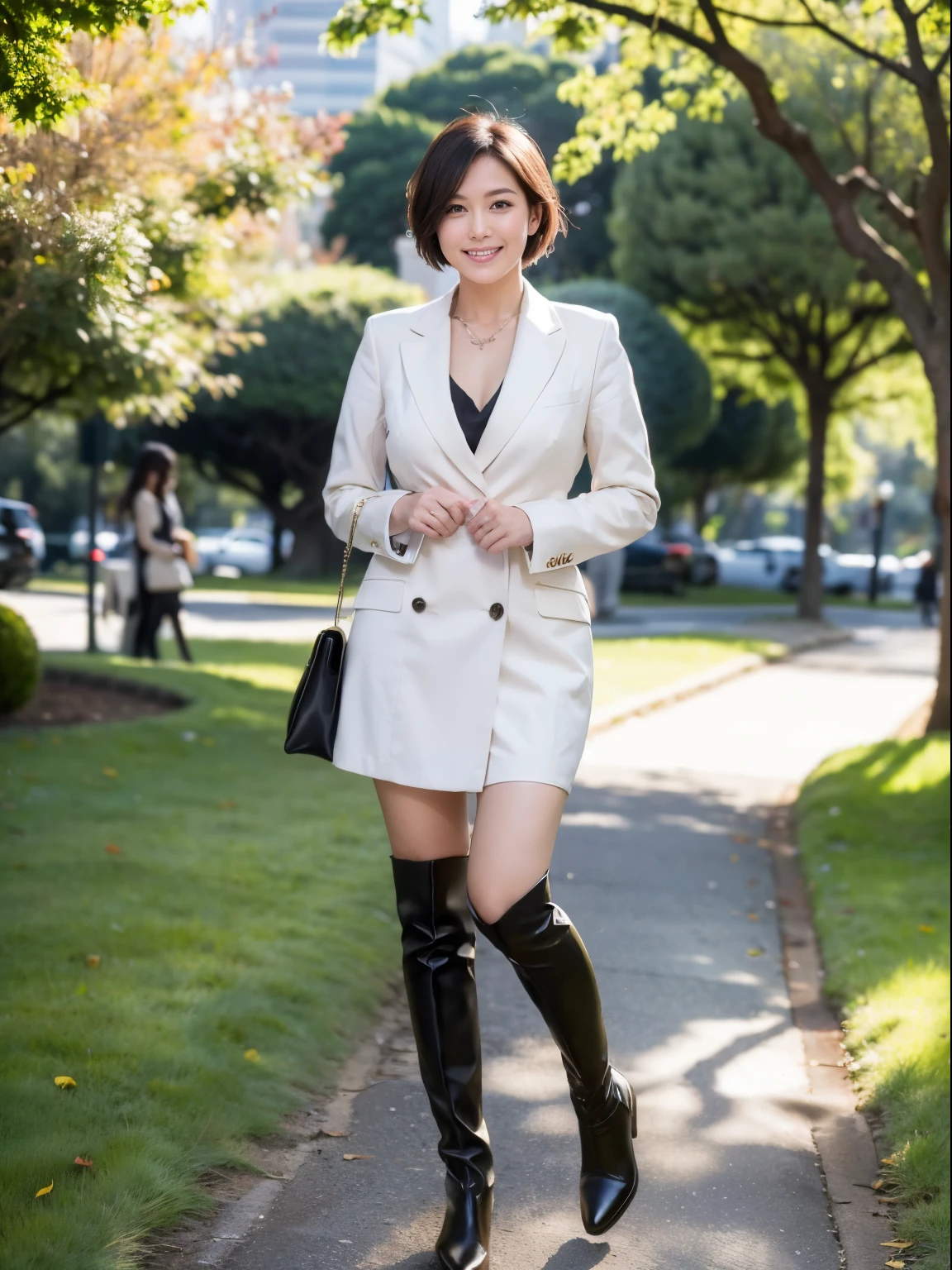 (Raw photo:1.2), (realistic:1.4),beautiful detailed woman,非常にfine eyesと顔, fine eyes, Super detailed,High resolution, very detailed,highest quality,enlightenment,unified,8k wallpaper,masterpiece,highest quality,1 female,alone,rich,Full body Esbian,(Slightly chubby body type:0.8),meaty legs,alone,（business suit:1.4),(Knee-high boots:1.2)、(have a business bag:1.4）,jewelry, necklace ,short hair,gentle smile,dignified atmosphere,black eye,realistic,Hibiya Park , (morning park:1.1),(standing upright：1.4）,(Going to work:1.2)