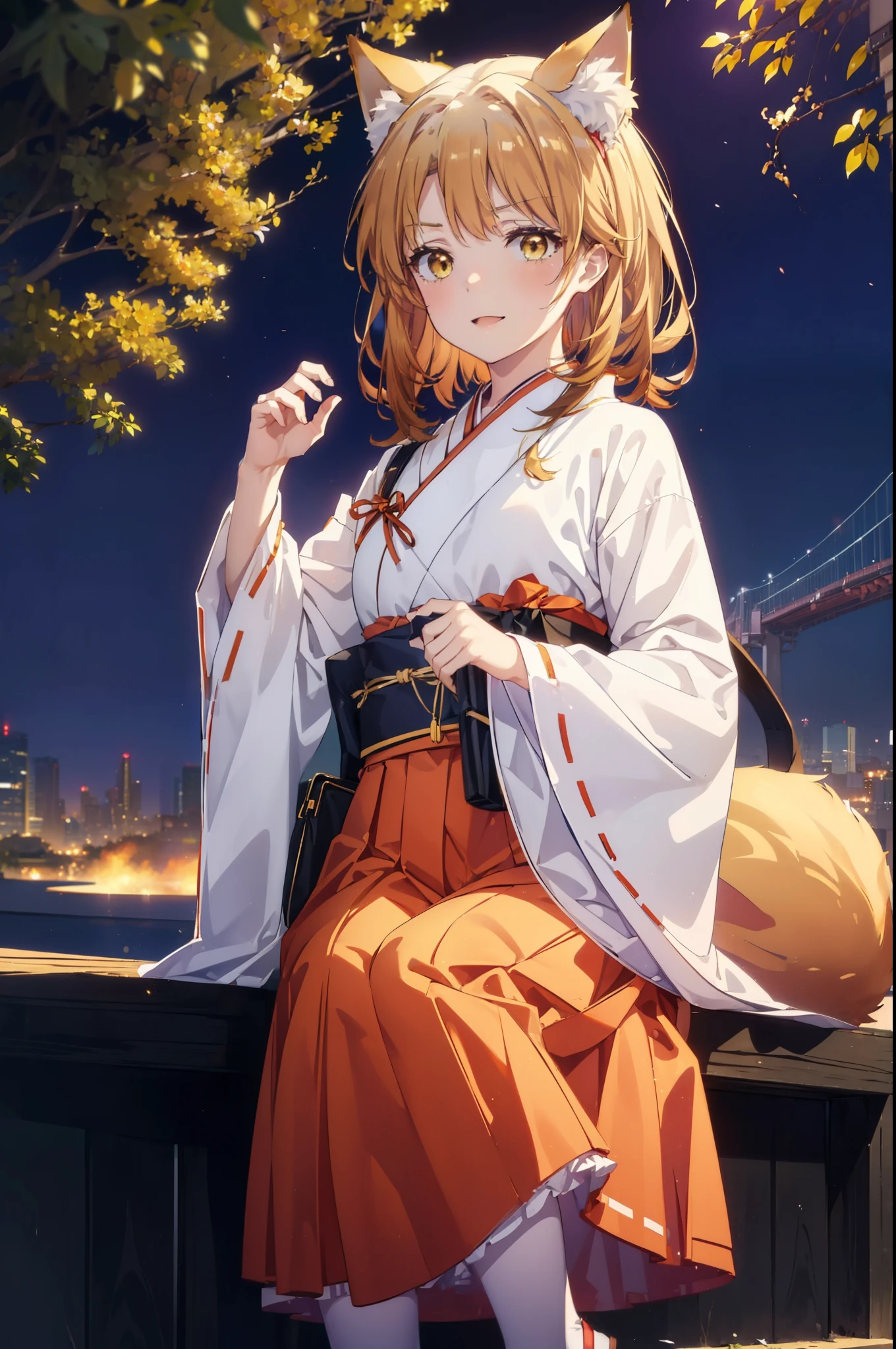 irohaisshiki, iroha isshiki, long hair, brown hair, (brown eyes:1.5), happy smile, smile, open your mouth,animal ears fox ears,animal tail fox tail,bellflower,Miko, kimono, Red too,kimono, same as skirt, wide sleeve, long sleeve, Ribbon trim sleeves, white foot bag,Zori sandals,firework in the night sky、firework、The place is a firework display,Time is night,sunny day,全身がイラストに入るように
break outdoors, festival,
break looking at viewer,
break (masterpiece:1.2), highest quality, High resolution, unity 8k wallpaper, (shape:0.8), (beautiful deしっぽed eyes:1.6), extremely deしっぽed face, perfect lighting, extremely deしっぽed CG, (perfect hands, perfect anatomy),