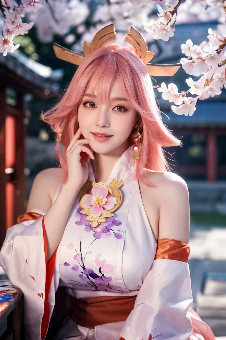 nsfw,full body,kpop idol, yae miko, detached sleeves, bare shoulders, pink hair, long hair, japanese clothes, best quality, (painting:1.5), (hair ornament:1.35), jewelry, purple eyes, earrings, breasts, torii, cherry blossoms, lantern light, depth of field face focus, ribbon_trim, (looking at viewer:1.25), nontraditional miko, shiny skin, long sleeves, smile, thick lips, hands on lips, east asian architecture, (blurry background:1.2), sitting, upper body,((ultra high res, 8k, RAW photo, best quality, masterpiece:1.47746,realistic:1.4, photo-realistic:1.4,cinematic lighting:1,intricate details:1,raw photo:1))(((ultra-detailed:1.47746))),professional lighting,((physically-based rendering:1)), ((ruddy skin:1,sweat))lens flare,ray tracing ,(extremely detailed face, beautiful detailed eyes,expressive hair:1.5,shiny hair;1)cinematic lighting,(vivid expression) (body muscle:1) solo(1girl:1.5)((smiling:1),(plump figure:1,blance body:1)(realistic hand,realistic clothes)