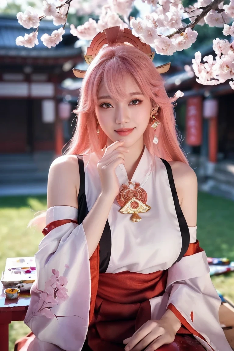 nsfw,full body,kpop idol, yae miko, detached sleeves, bare shoulders, pink hair, long hair, japanese clothes, best quality, (painting:1.5), (hair ornament:1.35), jewelry, purple eyes, earrings, breasts, torii, cherry blossoms, lantern light, depth of field face focus, ribbon_trim, (looking at viewer:1.25), nontraditional miko, shiny skin, long sleeves, smile, thick lips, hands on lips, east asian architecture, (blurry background:1.2), sitting, upper body,((ultra high res, 8k, RAW photo, best quality, masterpiece:1.47746,realistic:1.4, photo-realistic:1.4,cinematic lighting:1,intricate details:1,raw photo:1))(((ultra-detailed:1.47746))),professional lighting,((physically-based rendering:1)), ((ruddy skin:1,sweat))lens flare,ray tracing ,(extremely detailed face, beautiful detailed eyes,expressive hair:1.5,shiny hair;1)cinematic lighting,(vivid expression) (body muscle:1) solo(1girl:1.5)((smiling:1),(plump figure:1,blance body:1)(realistic hand,realistic clothes)