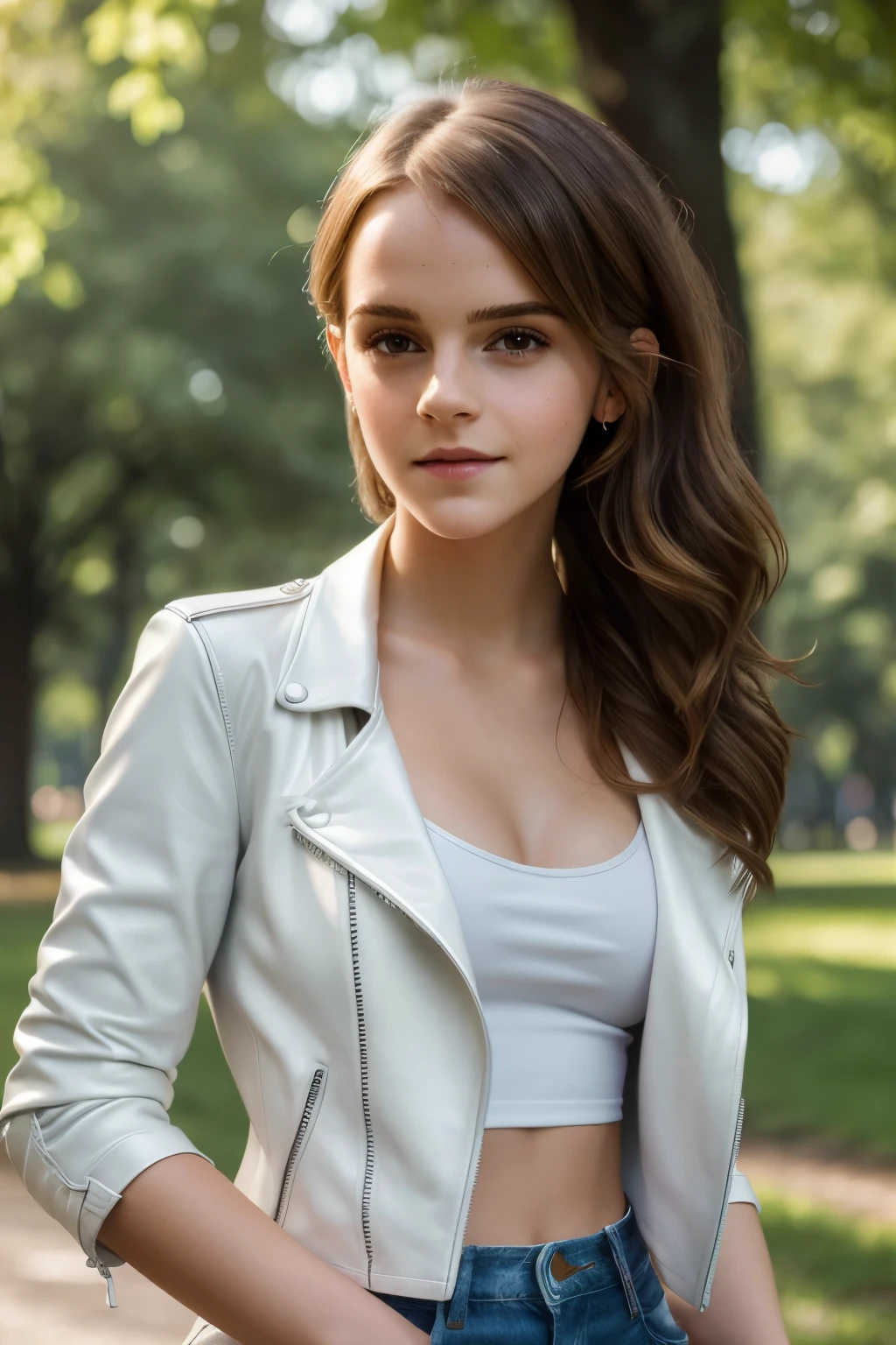 a gorgeous woman (Emma Watson), beautiful woman, skinny, (Masterpiece, best quality, photorealistic, highres, professional photography:1.4), (open short white leather jacket:1.25), (short tight white tank top:1.1), (blue jeans:1.2), (stiletto heels:1.3), perfect hands and fingers, realistic skin, perfect body shape, large breasts, cleavage, (stylish hairstyle, extremely detailed hair), delicate sexy face, detailed face, playful gaze, sexy smile, glossy lips, background posing in Melbourne, in park, green trees, beautiful flowers, sunny day, cinematic light, fashion photograph, film, bokeh, 4k, shot on Canon, 85mm, kodak vision color, extremely detailed, foto_\(ultra\), post-processing, maximum detail, roughness, real life, ultra realistic, photorealism, photography, 8k uhd, ((soft illumination, highly detailed, realistic, super realistic, realism, realistic detail)), full body portrait