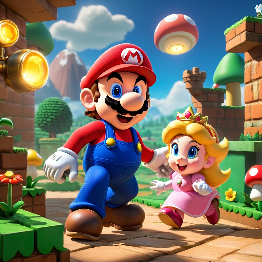 In a detailed illustration, showcase the iconic characters from the old game "Mario Bross" in a vibrant and dynamic scene. 

Include high-resolution, ultra-detailed rendering (best quality, 4k, 8k, highres, masterpiece:1.2) to bring out the nostalgic feel of the game. Use physically-based rendering to make the characters and environment look realistic and vivid. 

Emphasize the characters' features by including detailed eyes, exaggerated expressions, and vibrant colors. Capture the essence of Mario, Luigi, and Princess Peach's appearance, clothing, and signature traits. Ensure the characters' eyes, noses, and lips are beautifully detailed, expressing their unique personalities. Pay attention to their iconic mustaches, green and red outfits, and Princess Peach's flowing dress. 

Integrate the characters into a bustling platform world filled with obstacles and power-ups. Depict the mushroom kingdom with floating bricks, pipes, and coin blocks. Include the classic power-ups like the Super Mushroom, Fire Flower, and Starman. The environment should have a playful and adventurous vibe, reflecting the game's energetic nature. 

Use a colorful and vibrant color palette to enhance the overall mood of the scene. Incorporate bright blues, greens, and reds to capture the nostalgic feel of the game. 

Utilize studio lighting techniques to create a dynamic play of light and shadow. Illuminate the characters and environment with a mix of natural and artificial lighting. Ensure the lighting highlights the characters' features and brings attention to important elements in the scene. 

Incorporate a touch of a concept artist's style to infuse the scene with a unique and artistic flair. This will give the artwork a visually striking appeal that goes beyond mere replication. 

Bring forth the joy and excitement of the old game "Mario Bross" through this artwork, evoking childhood memories and nostalgia.