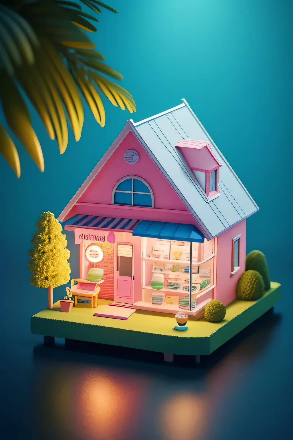 the ice cream shop，3D realism，Cute toy sculpture style，Suhiro Maruo，Pink and amber，k-pop，super detailing，2.5D，isometry，clean backdrop，Fine shine，Popmart blind box，3Drenderingof，C4D，Blender，best qualtiy，Perfect detail --ar 3:4
6、A modern home in a dark city，There is swimming pool and leaf trees，Surrealist pop style，Glowing pastels，Neon style pop art，Ocean punk，Mediterranean style，isometry，clean backdrop，Fine shine，Popmart blind box，3Drenderingof，C4D，Blender，best qualtiy，Perfect detail --ar 3:4