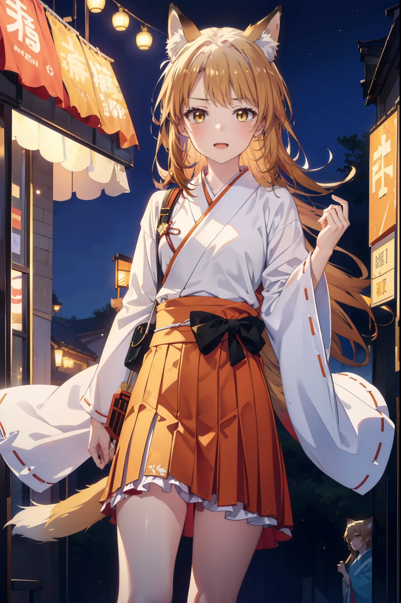 irohaisshiki, iroha isshiki, long hair, brown hair, (brown eyes:1.5), happy smile, smile, open your mouth,animal ears fox ears,animal tail fox tail,bellflower,Miko, kimono, Red too,kimono, same as skirt, wide sleeve, long sleeve, Ribbon trim sleeves, white foot bag,Zori sandals,firework in the night sky、firework、The place is a firework display,Time is night,sunny day,
break outdoors, festival,
break looking at viewer,
break (masterpiece:1.2), highest quality, High resolution, unity 8k wallpaper, (shape:0.8), (beautiful deしっぽed eyes:1.6), extremely deしっぽed face, perfect lighting, extremely deしっぽed CG, (perfect hands, perfect anatomy),