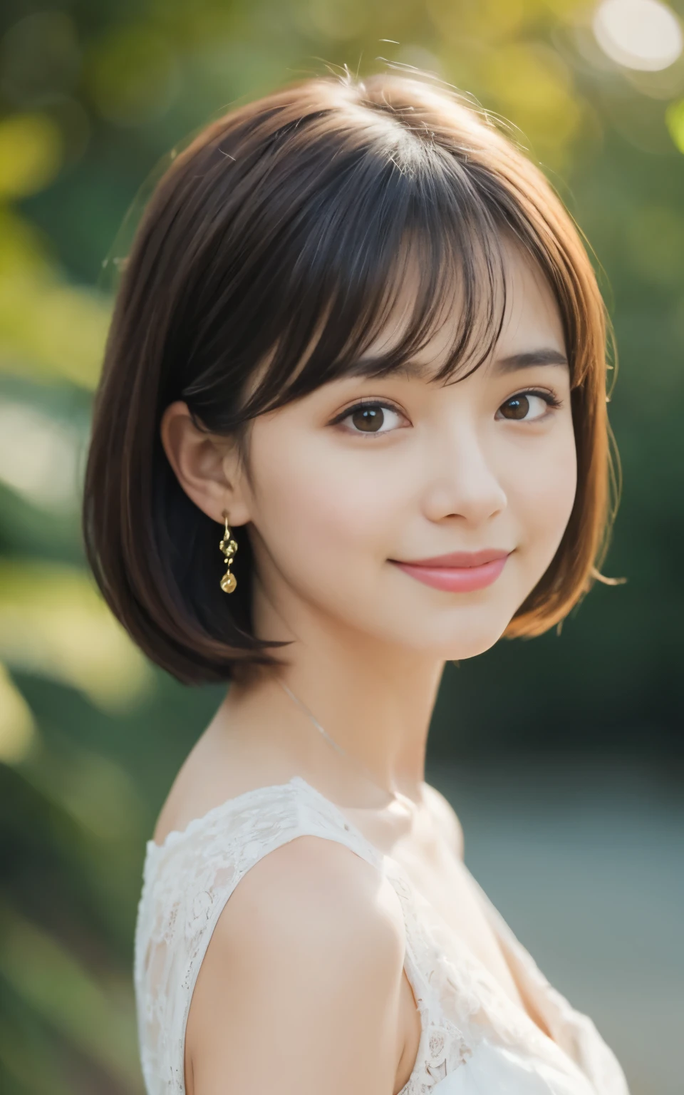 masterpiece, Highest quality, (Clear photos: 1.3), Realistic, Yuguo, Punish, Punish, 1 Girl, Super Short Hair, side lock hair, smile, Earrings, necklace, 24-years-old