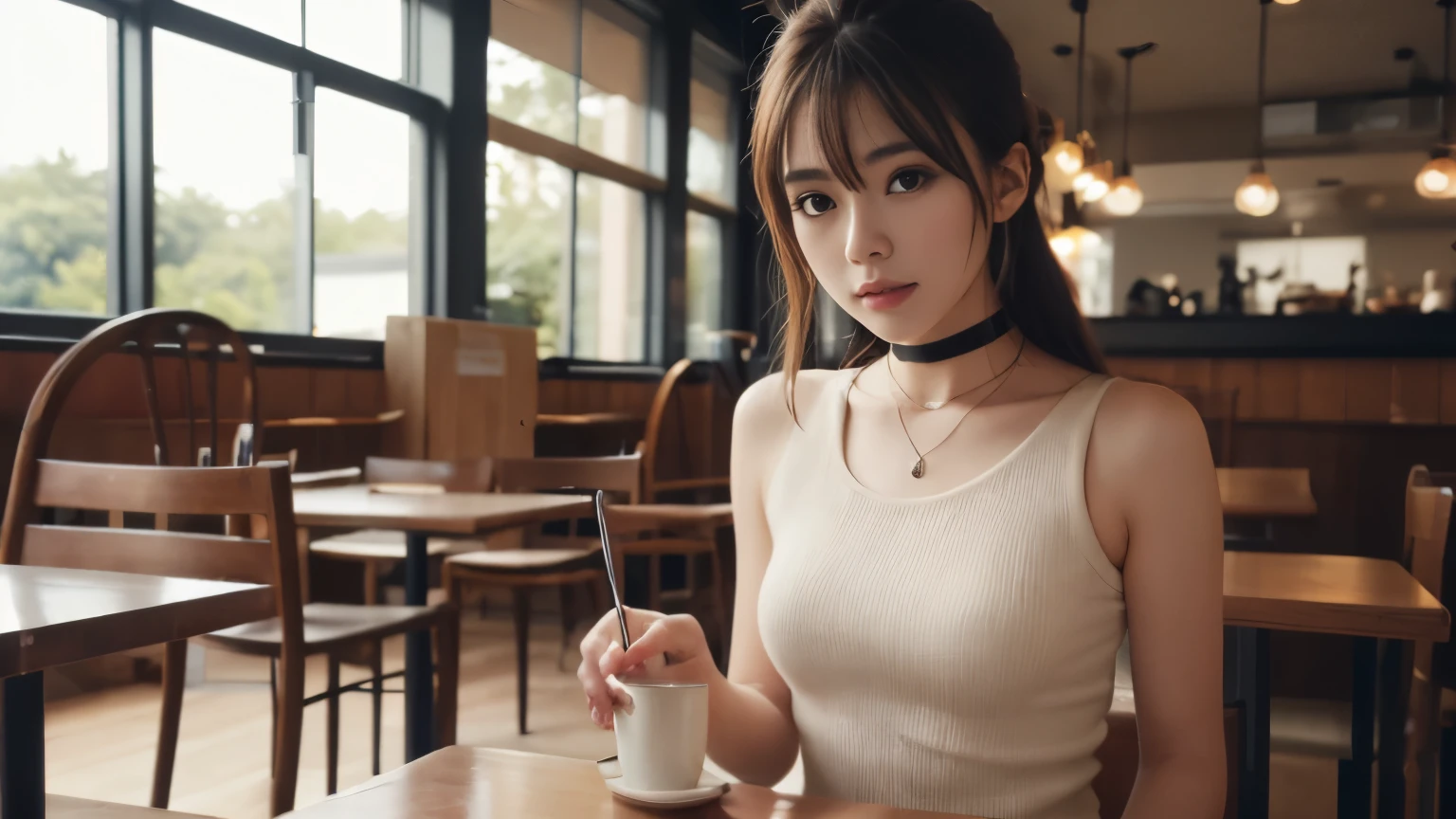 table top, highest quality, figure, Super detailed, finely, Inside the cafe, High resolution, 8k wallpaper, 完璧なダイナミックな構figure, detailed and beautiful eyes, tight knit dress,choker,slender body