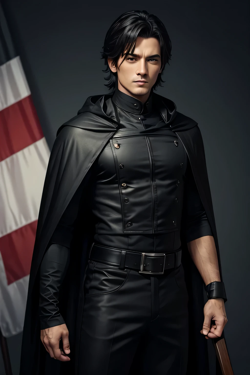 A man in a black leather bib in black pants and a black cloak with shoulder-length black hair stands on a field near the flag