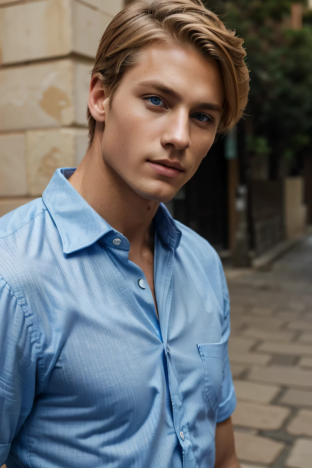 1 person, in Spain street Beautiful blue eyes and face details, Dressy shirt, nice body, strong build top quality, short blonde hair, blue eyes, toned body, (male model) warm skin, handsome man of the world