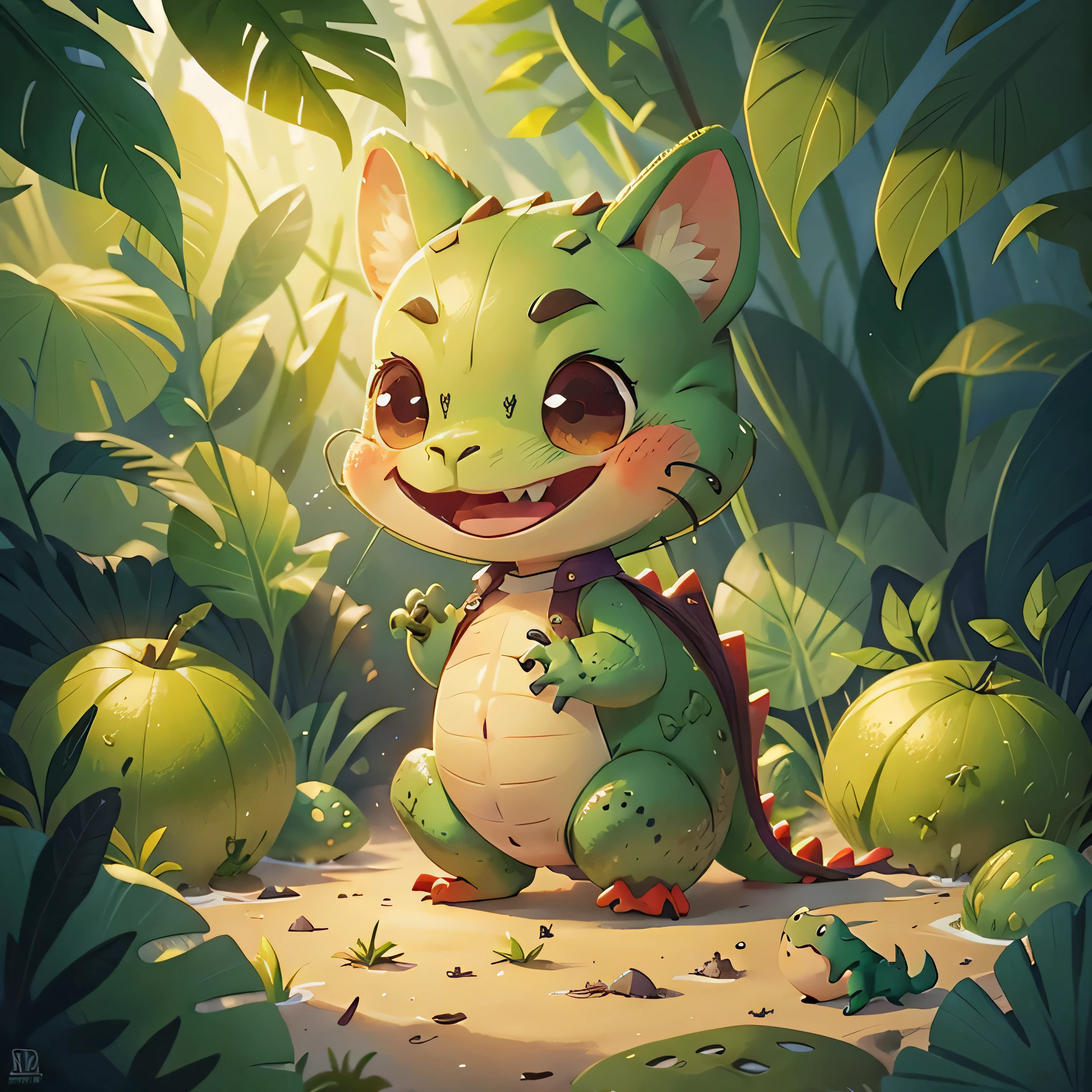 small alligator, alligator, cute, small, smiling, rough sketch, high quality,eat watermelon