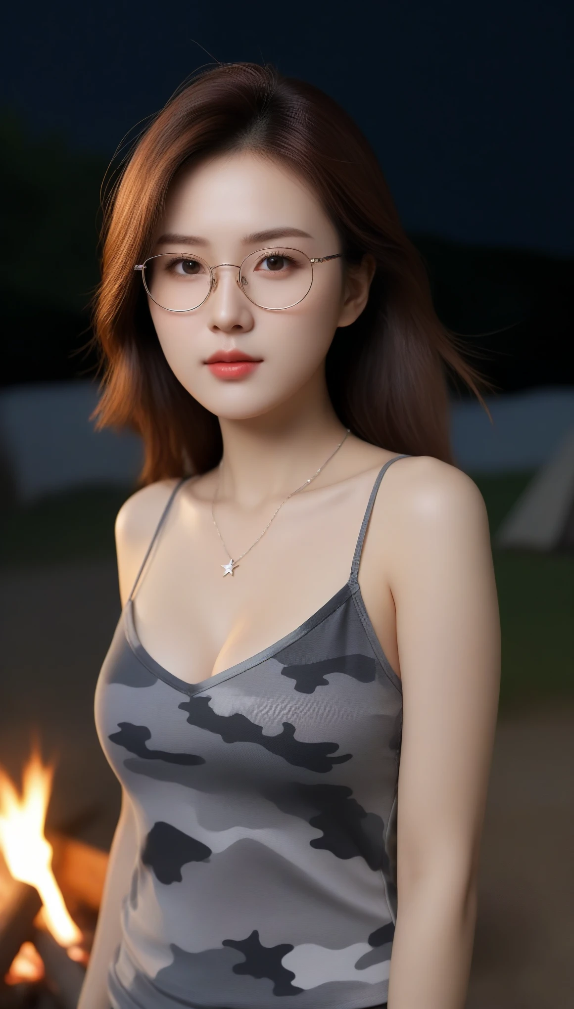 Close-up shot of beautiful korean female, 36 inch breasts size, red hair, glasses, wearing gray camouflage camisole, star shape necklace, walking in front of the camping fire, night, UHD