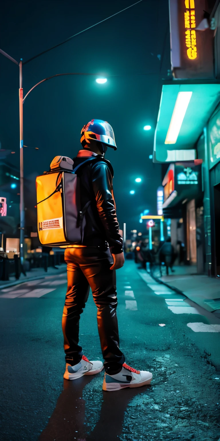 citizen jumping out of the ground with very large delivery bag on his back, masterpiece, full body shot, intricate raw photography, cyberpunk citizen in plus size tech clothing, wearing black daftpunk astro style helmet, neon light detail, intricate, futuristic, sharpness, cyberpunk city, neon street lights, snapshot, photo of the year, octane rendering, substance, maya 3d, cinema4d, artstation trends, deviant art trend,