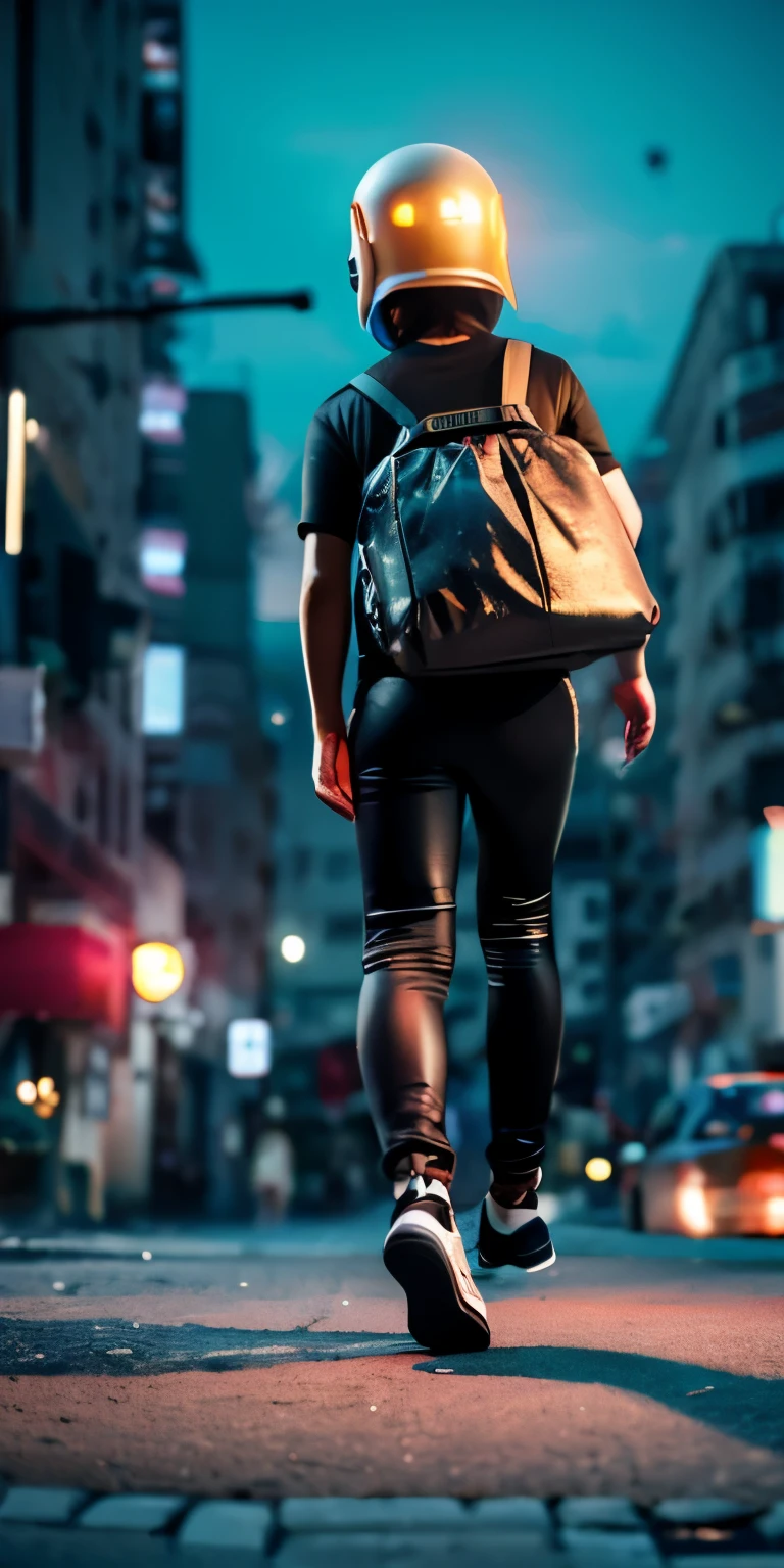 citizen jumping out of the ground with very large delivery bag on his back, masterpiece, full body shot, intricate raw photography, cyberpunk citizen in plus size tech clothing, wearing black daftpunk astro style helmet, neon light detail, intricate, futuristic, sharpness, cyberpunk city, neon street lights, snapshot, photo of the year, octane rendering, substance, maya 3d, cinema4d, artstation trends, deviant art trend,