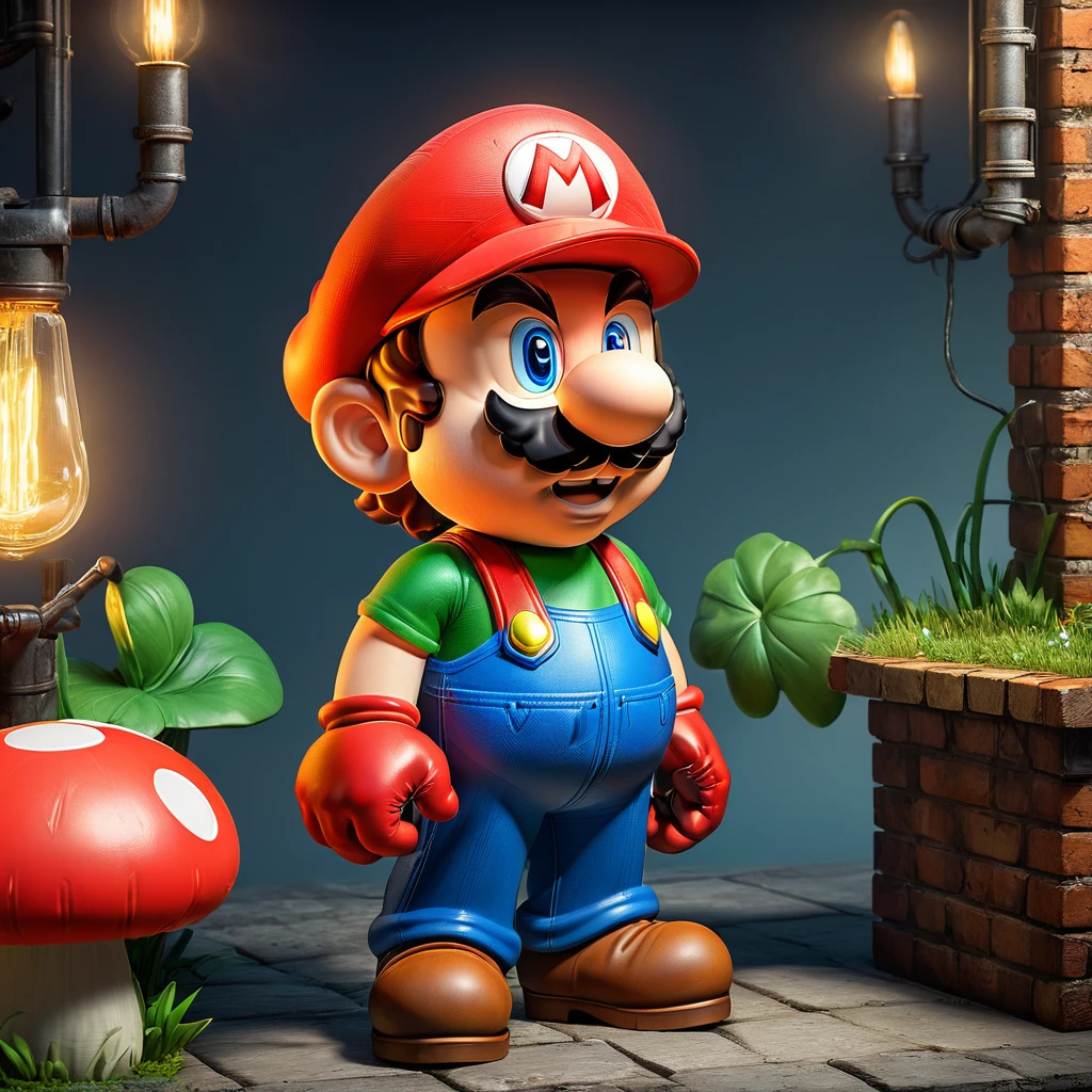 In a detailed illustration, showcase the iconic characters from the old game "Mario Bross" in a vibrant and dynamic scene. Include high-resolution, ultra-detailed rendering (best quality, 4k, 8k, highres, masterpiece:1.2) to bring out the nostalgic feel of the game. Use physically-based rendering to make the characters and environment look realistic and vivid. Emphasize the characters' features by including detailed eyes, exaggerated expressions, and vibrant colors. Capture the essence of Mario, Luigi, and Princess Peach's appearance, clothing, and signature traits. Ensure the characters' eyes, noses, and lips are beautifully detailed, expressing their unique personalities. Pay attention to their iconic mustaches, green and red outfits, and Princess Peach's flowing dress. Integrate the characters into a bustling platform world filled with obstacles and power-ups. Depict the mushroom kingdom with floating bricks, pipes, and coin blocks. Include the classic power-ups like the Super Mushroom, Fire Flower, and Starman. The environment should have a playful and adventurous vibe, reflecting the game's energetic nature. Use a colorful and vibrant color palette to enhance the overall mood of the scene. Incorporate bright blues, greens, and reds to capture the nostalgic feel of the game. Utilize studio lighting techniques to create a dynamic play of light and shadow. Illuminate the characters and environment with a mix of natural and artificial lighting. Ensure the lighting highlights the characters' features and brings attention to important elements in the scene. Incorporate a touch of a concept artist's style to infuse the scene with a unique and artistic flair. This will give the artwork a visually striking appeal that goes beyond mere replication. Bring forth the joy and excitement of the old game "Mario Bross" through this artwork, evoking childhood memories and nostalgia.