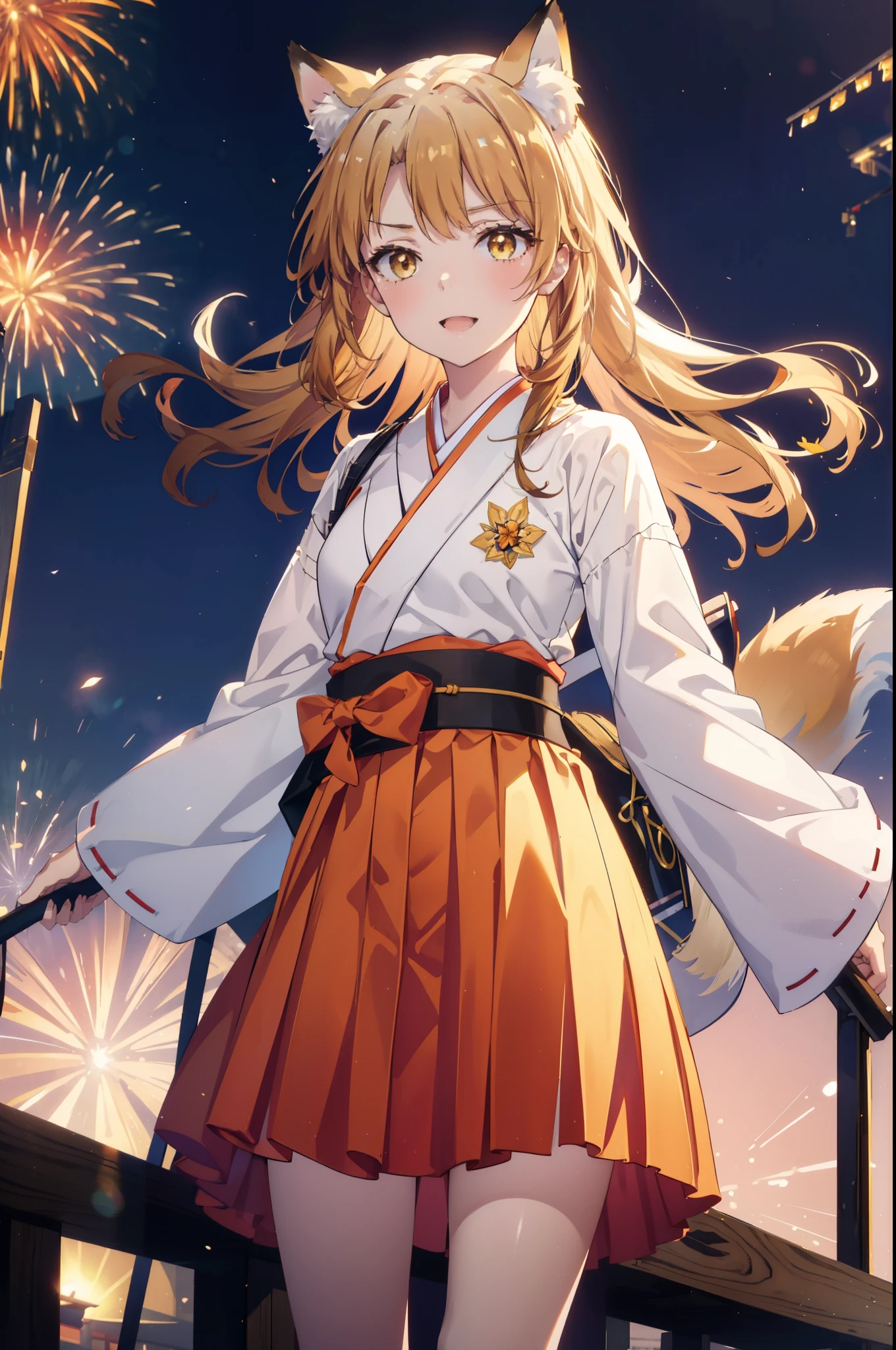irohaisshiki, iroha isshiki, long hair, brown hair, (brown eyes:1.5), happy smile, smile, open your mouth,animal ears　fox ears,animal tail　fox tail,bellflower,Miko, kimono, Red too,kimono, same as skirt, wide sleeve, long sleeve, Ribbon trim sleeves, white foot bag,Zori sandals,firework in the night sky、firework、The place is a firework display,Time is night,sunny day,
break outdoors, festival,
break looking at viewer,
break (masterpiece:1.2), highest quality, High resolution, unity 8k wallpaper, (shape:0.8), (beautiful deしっぽed eyes:1.6), extremely deしっぽed face, perfect lighting, extremely deしっぽed CG, (perfect hands, perfect anatomy),