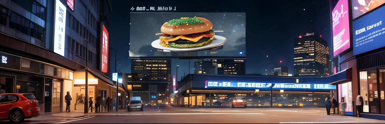 In the city of the future of outer space, Superheroes eat intergalactic burgers. ネオンライトと未来的な高層ビルに照らされた未来的なcity並み, Like a spaceship flying through the sky. The burger is a true work of culinary art, Contains interplanetary components, Like extraterrestrial green algae, Alien Mushroom and Shooting Star Sauce. A scene that exudes a high-tech and innovative atmosphere,Restaurant,Corporate billboard,looks delicious,lively,city