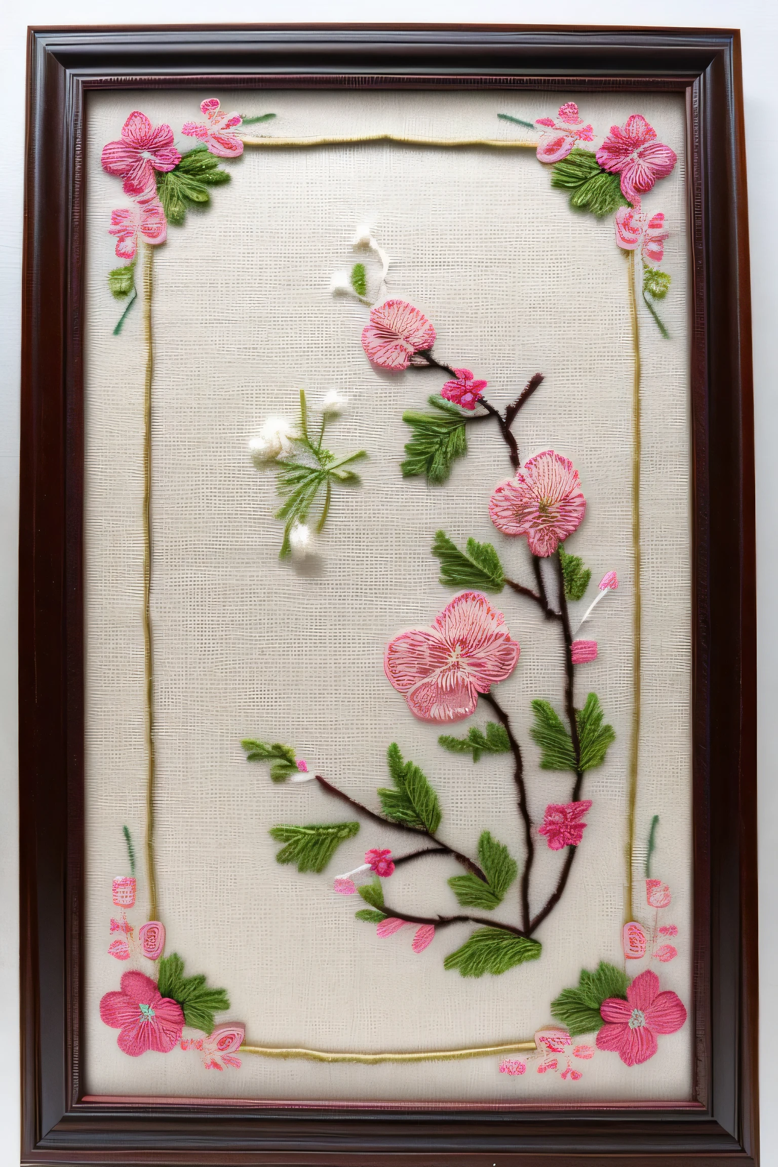 Simple embroidery with Cherry Blossom, embroidery frame, pink white green Embroidery thread, with out person, Black background