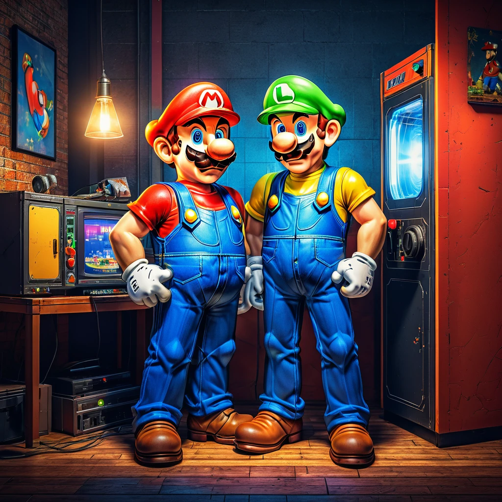 (mario and luigi poster),(vintage:1.1),(retro:0.9),(80s gaming),(nostalgic),(pixel art),(detailed characters),(vibrant colors),(playful poses),(classic video game),(blocky graphics),(collectible),(iconic duo),(adventurous expressions),(nostalgic background),(arcade style),(8-bit style),(retro gaming),(artistic homage),(video game legends),(best quality,4k,8k,highres,masterpiece:1.2),(ultra-detailed),(realistic,photorealistic,photo-realistic:1.37),(studio lighting),(HDR),(vivid colors),(sharp focus)