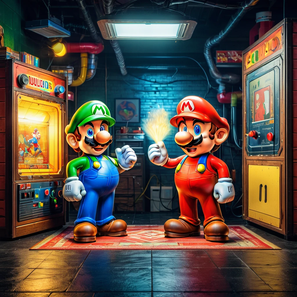 (mario and luigi poster),(vintage:1.1),(retro:0.9),(80s gaming),(nostalgic),(pixel art),(detailed characters),(vibrant colors),(playful poses),(classic video game),(blocky graphics),(collectible),(iconic duo),(adventurous expressions),(nostalgic background),(arcade style),(8-bit style),(retro gaming),(artistic homage),(video game legends),(best quality,4k,8k,highres,masterpiece:1.2),(ultra-detailed),(realistic,photorealistic,photo-realistic:1.37),(studio lighting),(HDR),(vivid colors),(sharp focus)