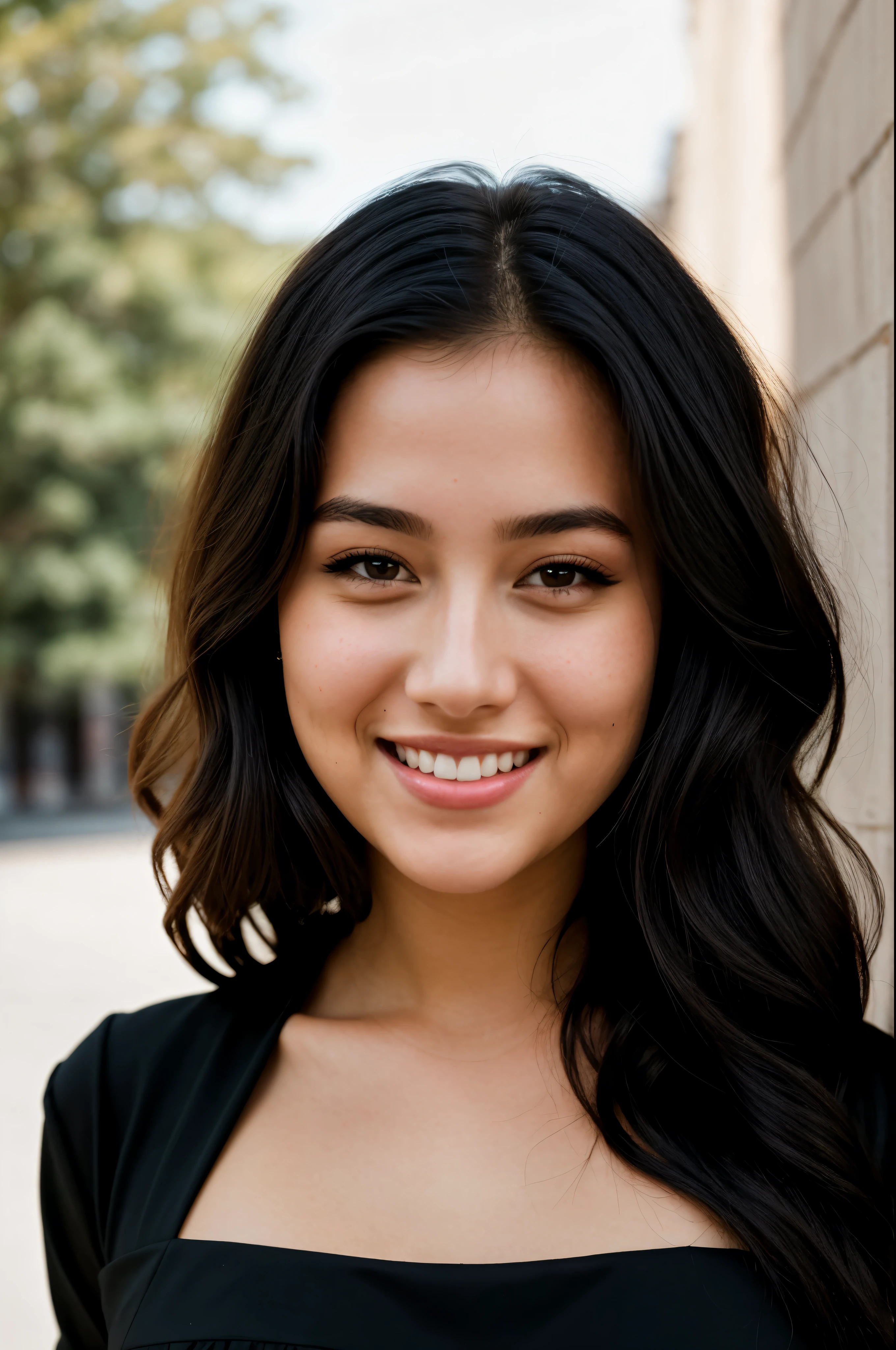 RAW photo, face portrait photo of beautiful 26 y.o woman, cute face, wearing black dress, happy face, hard shadows, cinematic shot, dramatic lighting