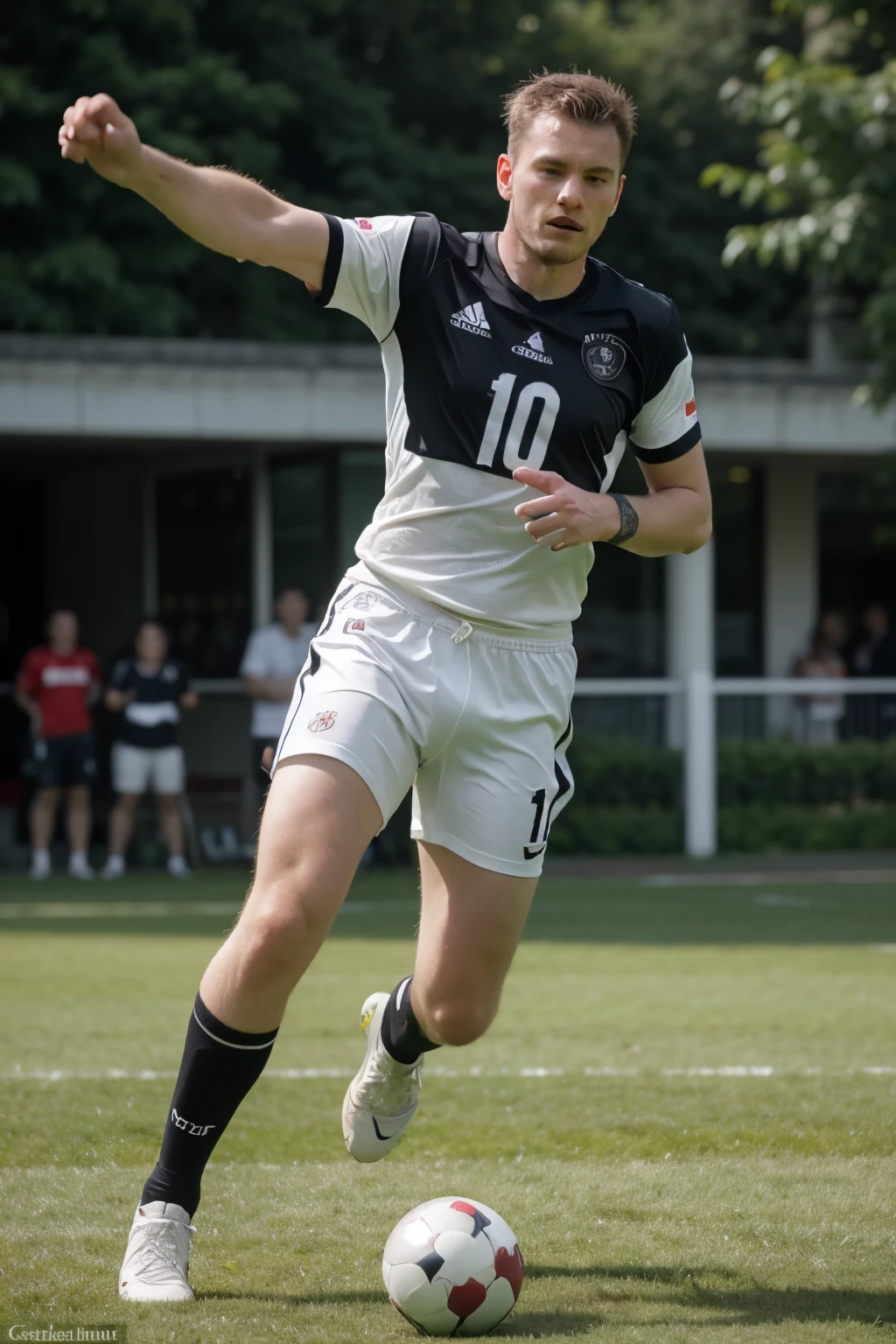 photorealistic full body male German football player, with number 10 on German black and white football uniform, in front view moving forward kicking the football