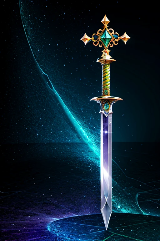 sword,blue,orange color,White,yellow,Purple,Green gemstones ,Recessed handle