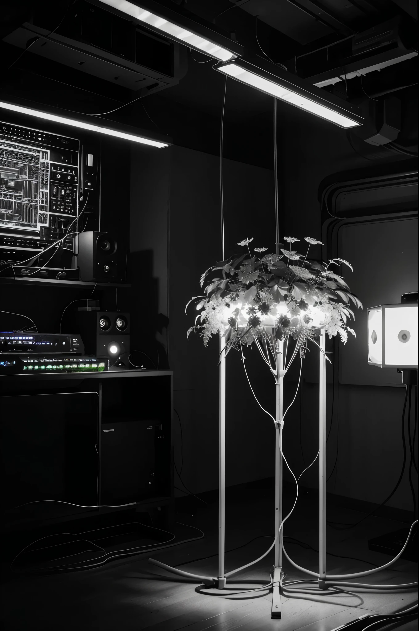 Flowers grow from a modular synthesizer, with long stems, intertwined with wires, the lights are on, Soft light, sound systems everywhere, mosquitoes fly, Moths, night and light, black and white image with colored light bulbs