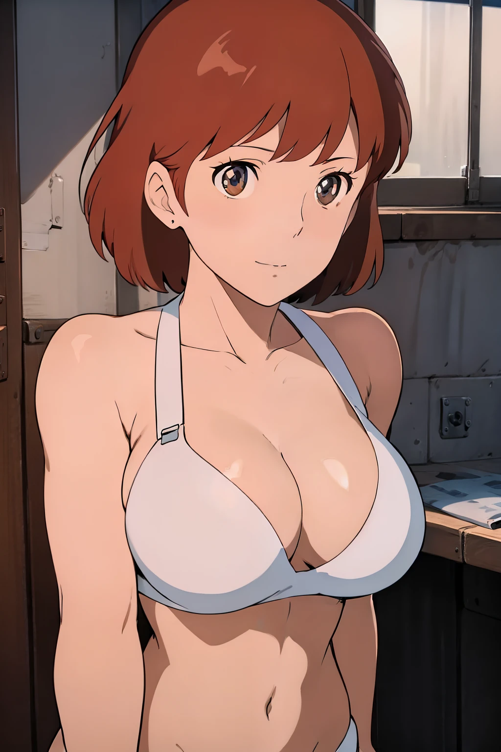 nsfw,(masterpiece, highest quality, High resolution, anime screenshot, anime color, 8K, realistic), Nausicaa, woman, mature woman, wife, alone, brown hair, (looking at the viewer), huge breasts, cleavage, (white bikini), Upper body, forest, (perfect detailed anatomy, beautiful and detailed face&eye:1.5, shiny skin, perfect body)