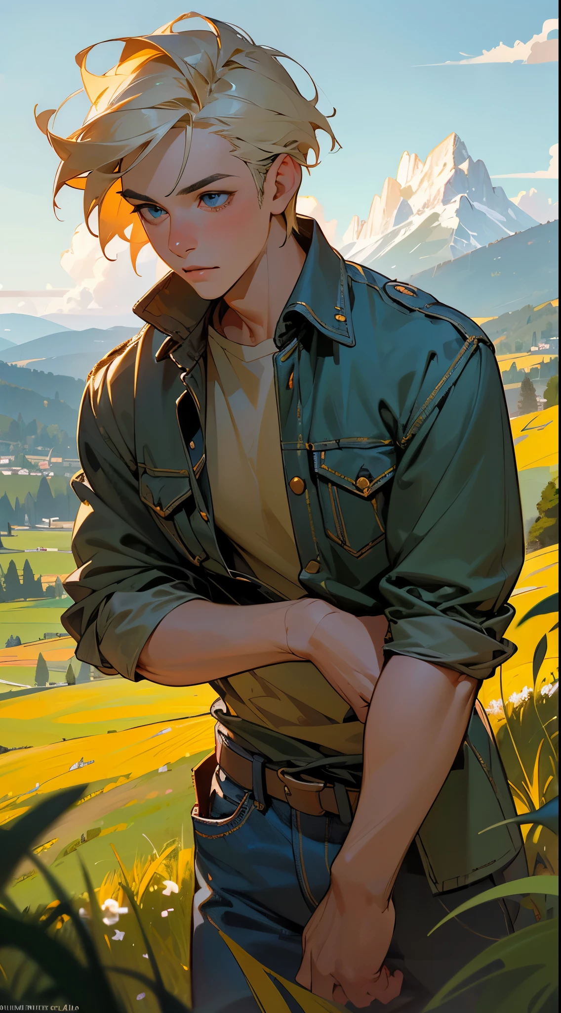 (best quality,4k,8k,highres,masterpiece:1.2),ultra-detailed,(realistic,photorealistic,photo-realistic:1.37),HDR,UHD,studio lighting,ultra-fine painting,sharp focus,physically-based rendering,extreme detail description,professional,vivid colors,bokeh,portraits,landscape,horror,anime,sci-fi,photography,concept artists,subtle and warm color scheme,warm light A boy with blonde hair and bright blue eyes, wearing a red plaid shirt and denim jeans, proudly stands on top of a steep mountain. His face shows a mix of excitement and determination. He is leaning against his shiny and well-maintained jeep, which is silver in color and reflects the surrounding scenery. The jeep stands out against the rugged mountain landscape. The mountain is covered in lush green grass and dotted with colorful wildflowers. The jagged peaks of nearby mountain ranges can be seen in the distance, shrouded in a light mist. The sky above is a brilliant shade of blue, with fluffy white clouds scattered across it. The sun shines brightly, casting warm rays of light over the entire scene. The surrounding landscape is breathtaking, with valleys stretching out as far as the eye can see. A winding road leads up to the mountain, disappearing into the distance. The air is crisp and clean, and a gentle breeze rustles the leaves of trees nearby. The atmosphere is calm and serene, offering a sense of peace and tranquility. The image is captured with the highest level of detail, showcasing every intricate texture and nuance. The colors are vibrant and true to life, giving the viewer a sense of being present in the scene. The lighting is carefully crafted to accentuate the contours of the boy's features and the ruggedness of the landscape. The overall style of the image is a mix of realism and fine art. It captures the essence of a picturesque mountain setting while adding a touch of artistic flair. The warm color scheme and subtle lighting create a sense of warmth and coziness, inviting the viewer to immers