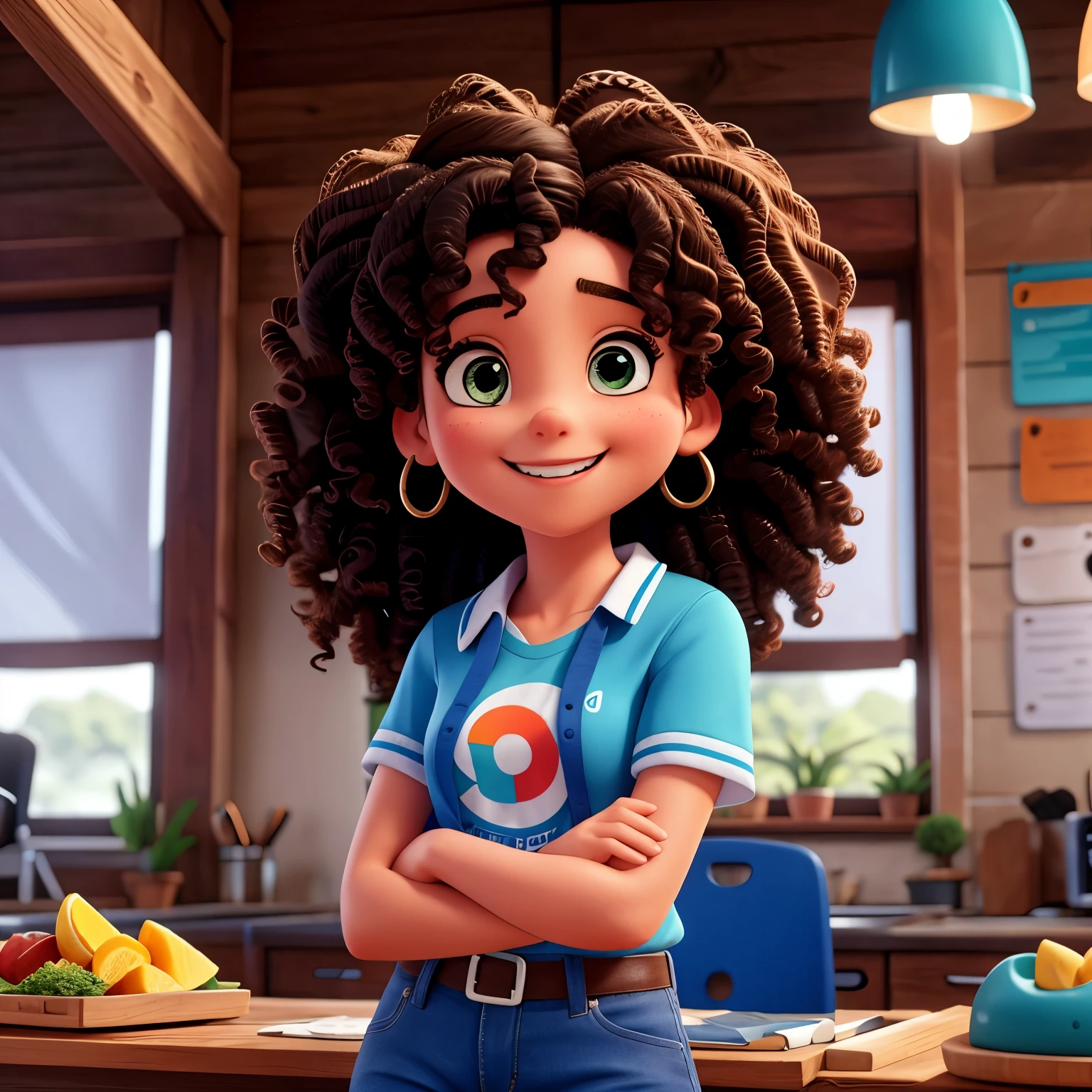 Uma mulher jovem e sorridente, with curly hair and a happy expression. She is wearing an R3 Distribuidora uniform, composto por uma camiseta azul com o logotipo da empresa, andando npela distribuidora, corpo todo