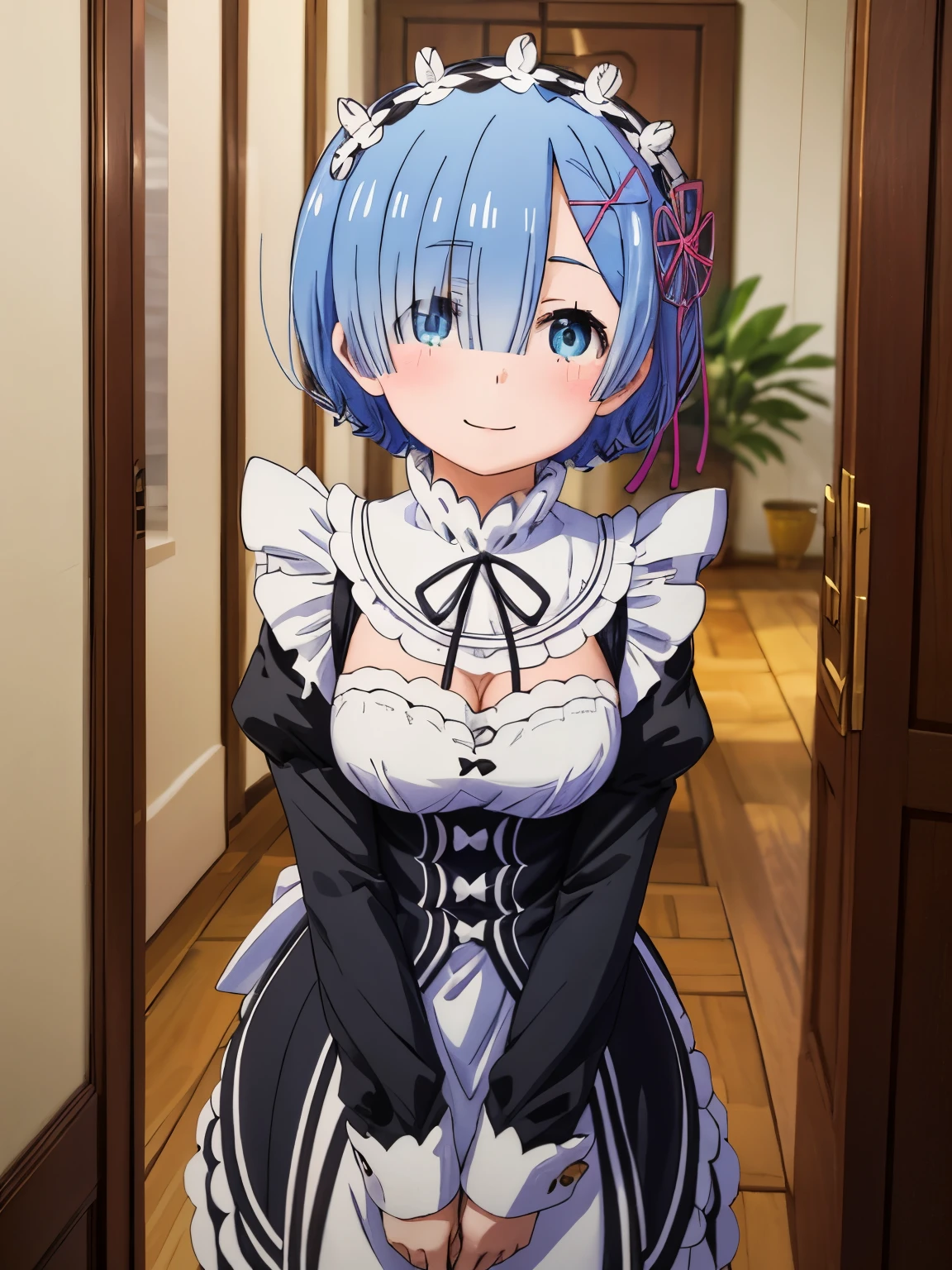 (((pixel perfect, Perfect in every detail))), 可愛いsmile、alone, 1 girl,  Rem, Loire mansion maid uniform, maid headdress, looking at the viewer, smile