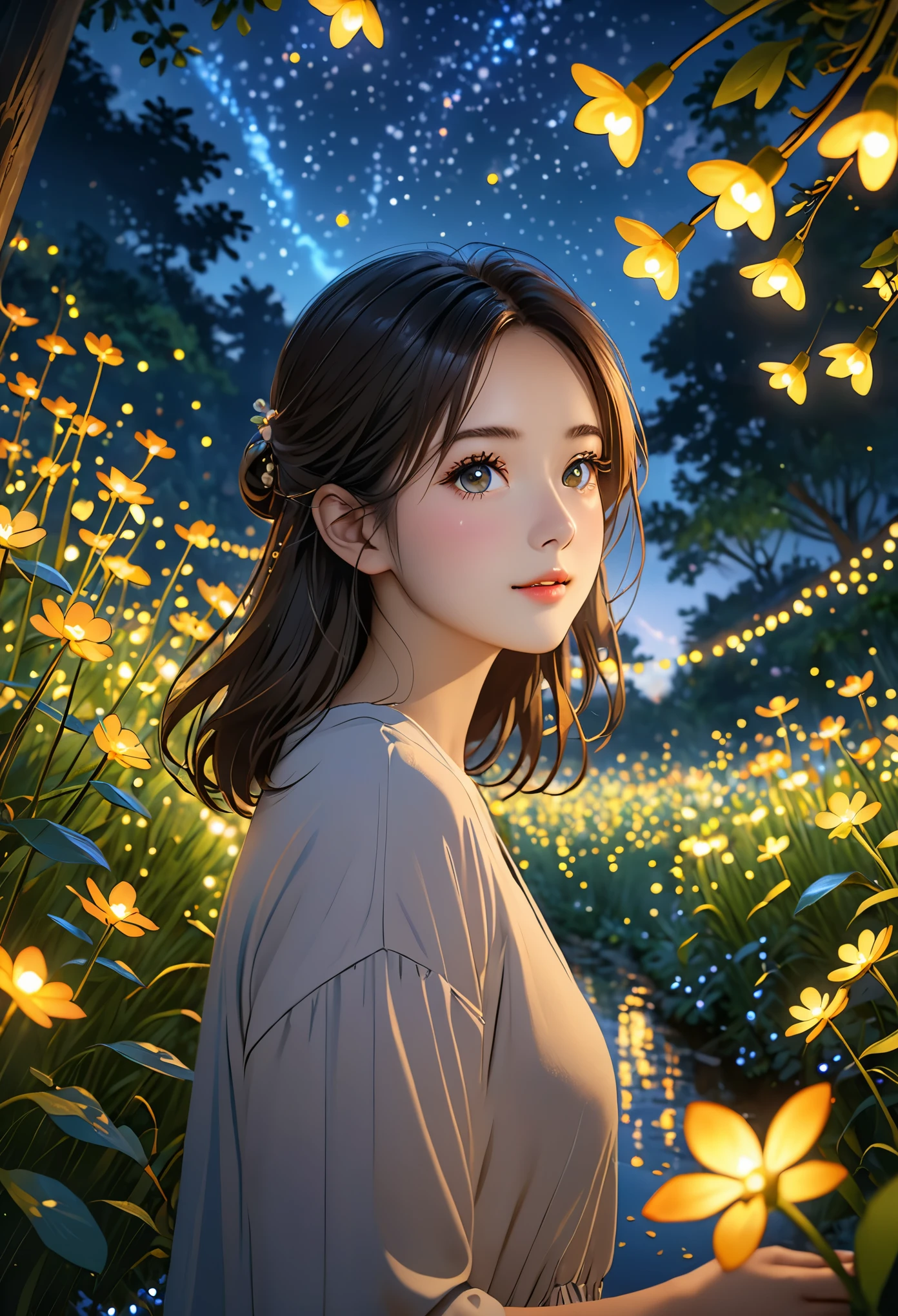 (8K, top quality, masterpiece: 1.2), (actual, photoactual: 1.37), Super details, a girl, wide viewing angle, firefly garden, Many little lights and fireflies flying around, night