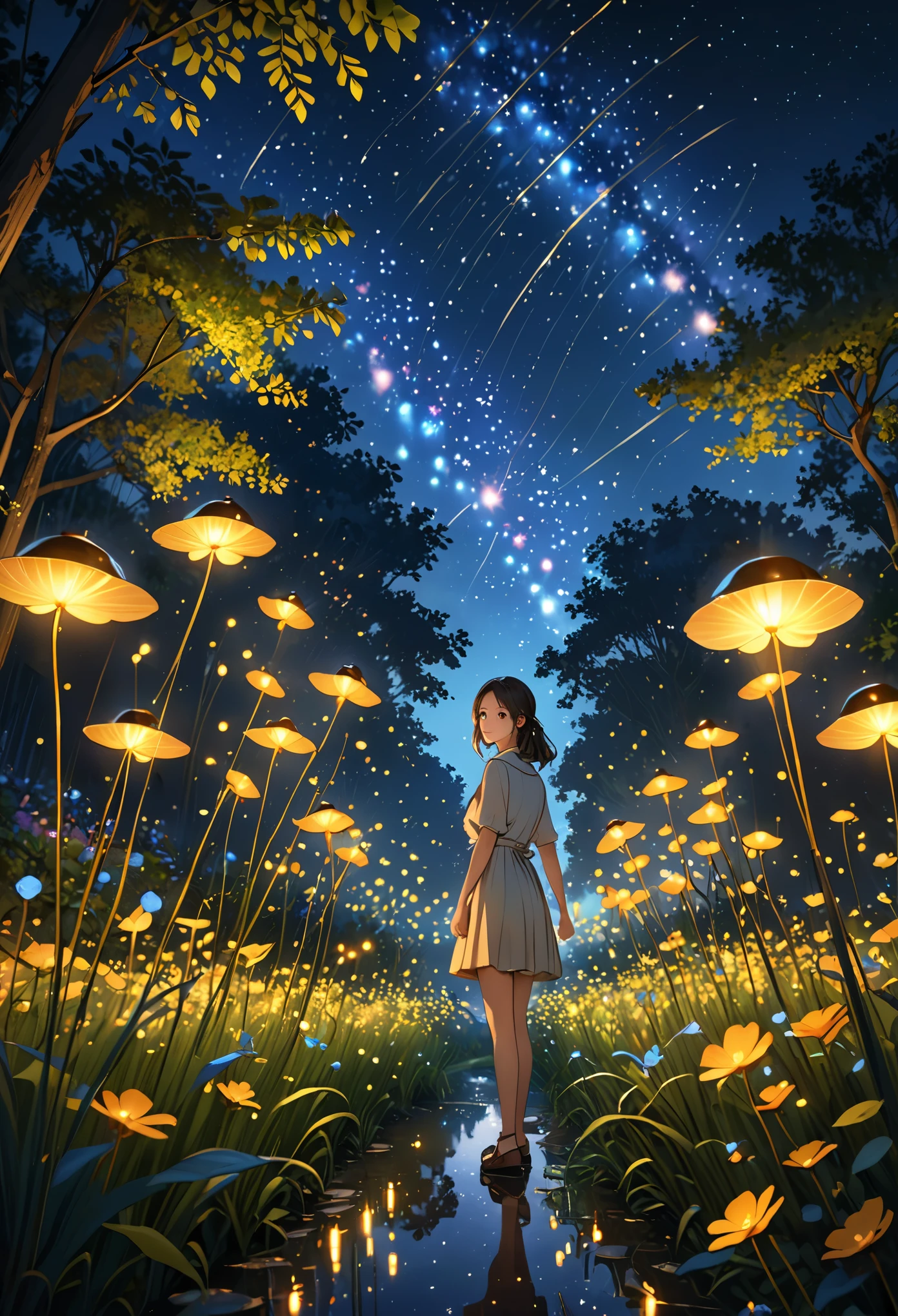 (8K, top quality, masterpiece: 1.2), (actual, photoactual: 1.37), Super details, a girl, wide viewing angle, firefly garden, Many little lights and fireflies flying around, night
