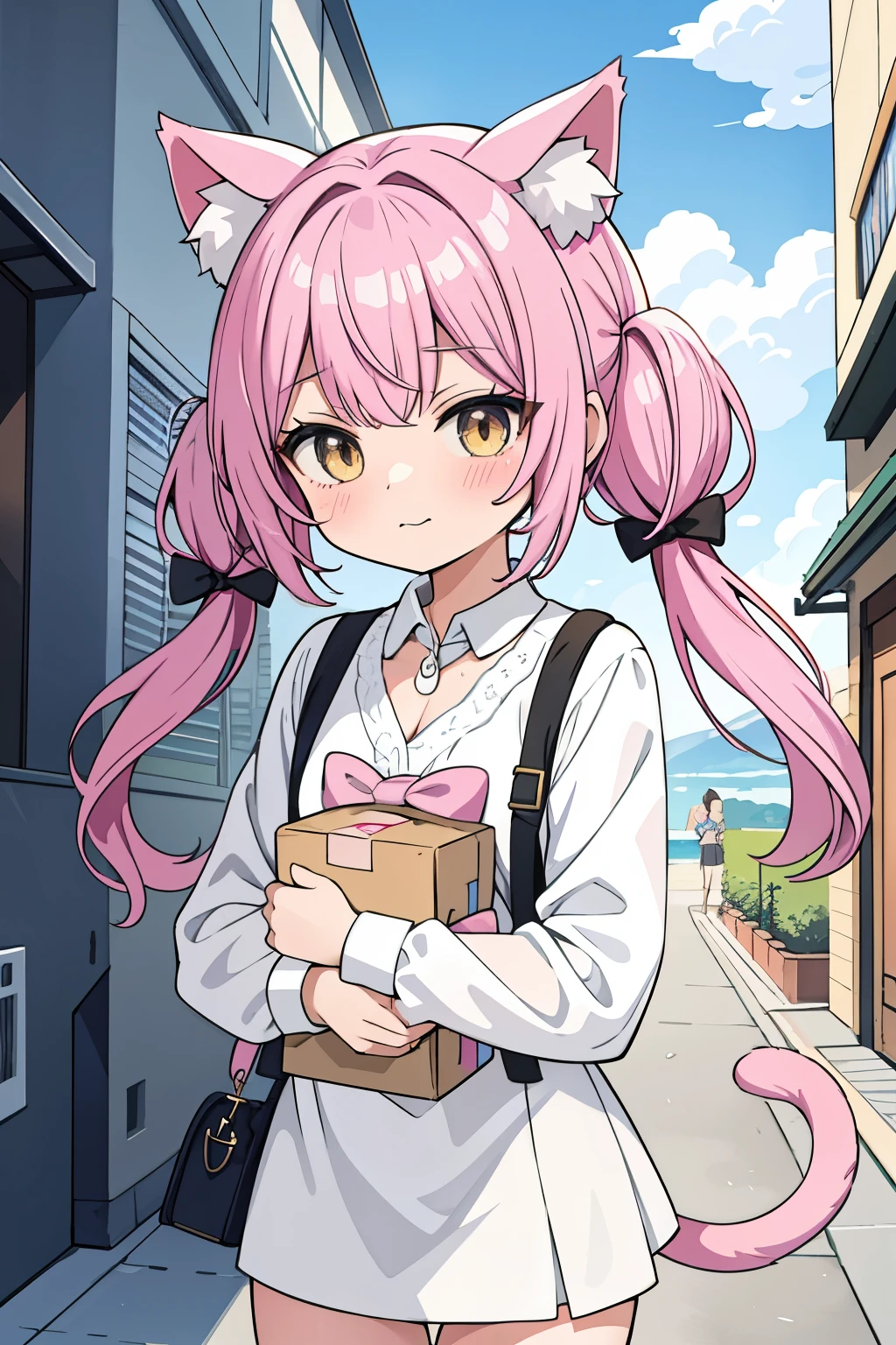 masterpiece, best quality), 1catgirl,cat ears,cat tail,twin tail hair, Elementary , carrying pink big randoseru, cityscape