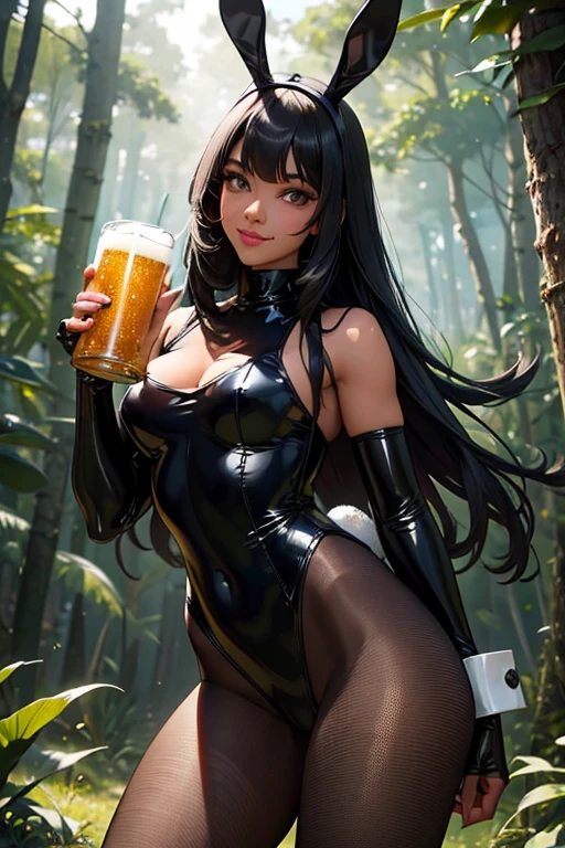 Melhor qualidade, 8k, mulher,black skin,black hair, lindo,big eyelashes, looking to observer, little smile, rabbit ears tiara, decote,gray militar camouflage leotard over brown shiny nylon bodystocking, holding a beer can, florish forest scenario