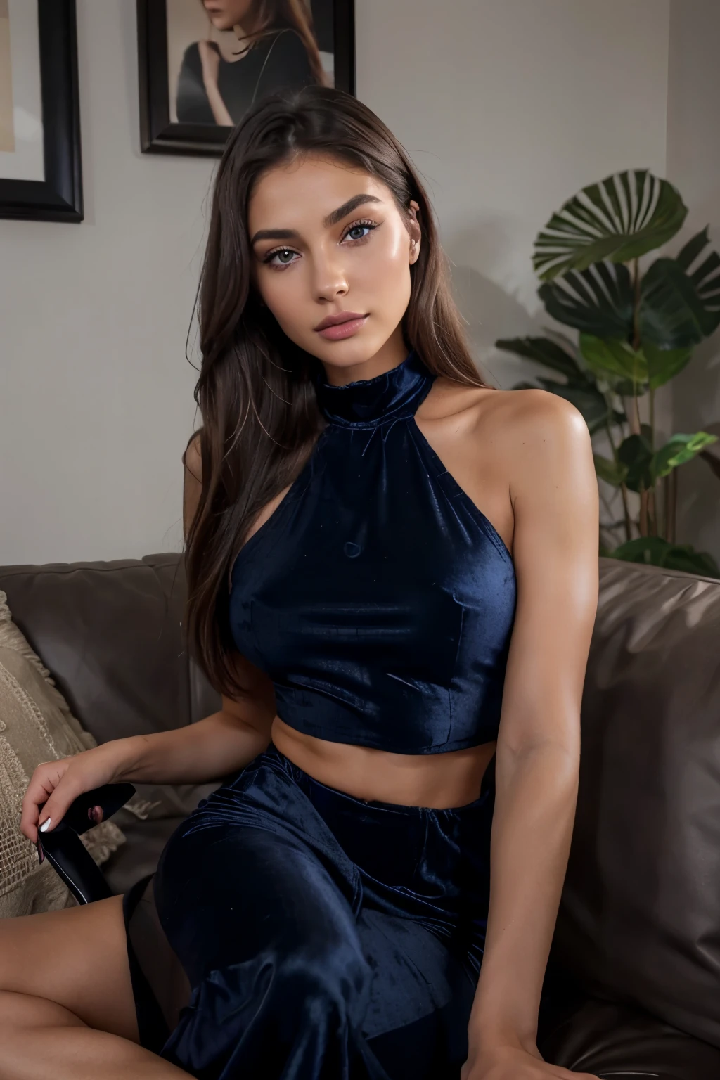 Photorealistic photo of a European girl 23 years old, juicy natural lips, high cheekbones, beautiful face, , with blue foxy eyes, realistically detailed iris, dark velvet balayage hair style, body of a top model, heavy makeup, tanned skin, s, black smokey eyeshadows, sitting on a sofa ,erotic looking,