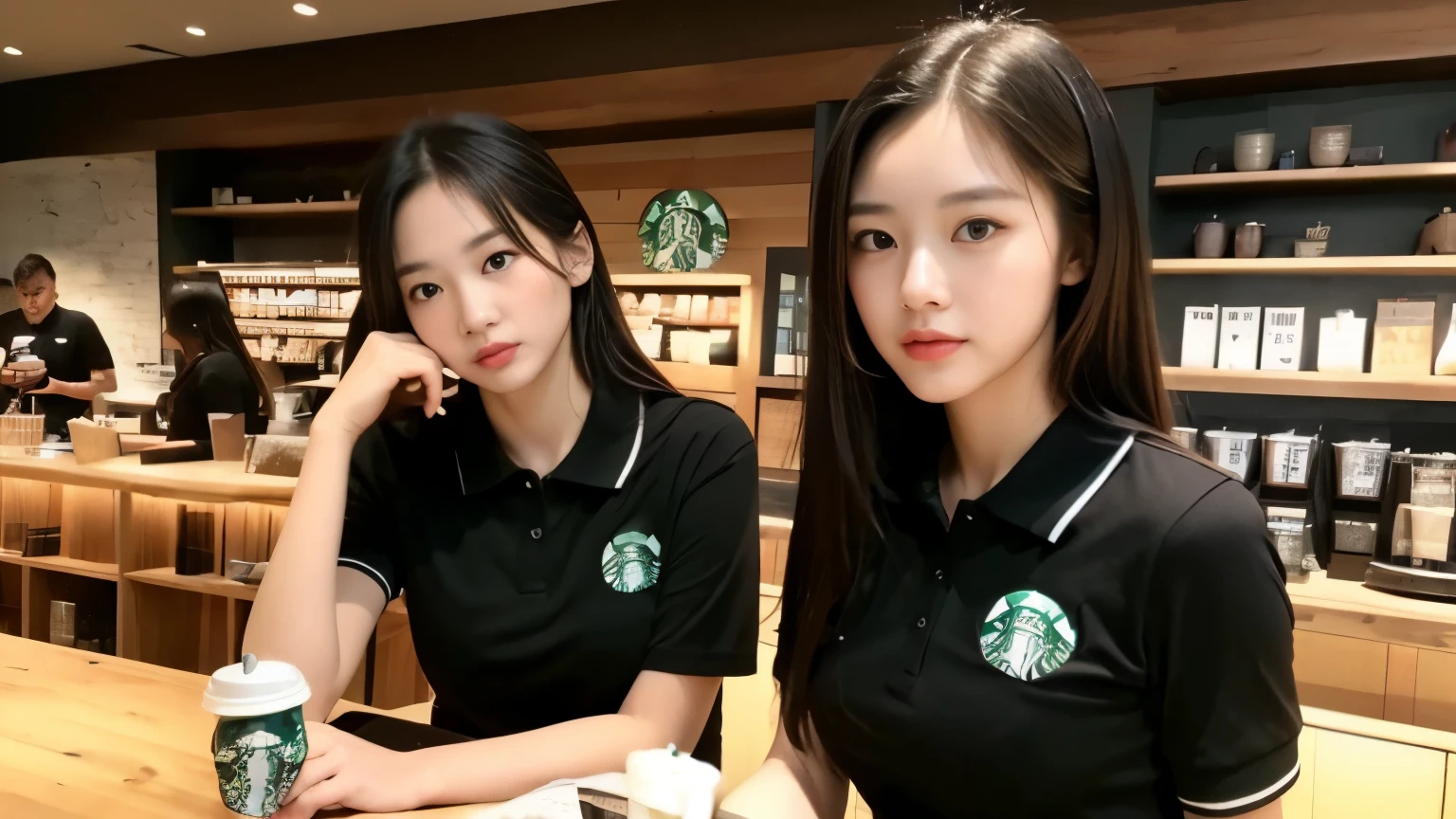 ((highest quality、8K、masterpiece:1.3))、sharp focus:1.2、beautiful woman with perfect body:1.4、(black polo shirt)、(Inside the Starbucks store:1.2)、Highly detailed face and skin texture、 detailed eye、double eyelid、sunburned肌、Sexy、sunburned