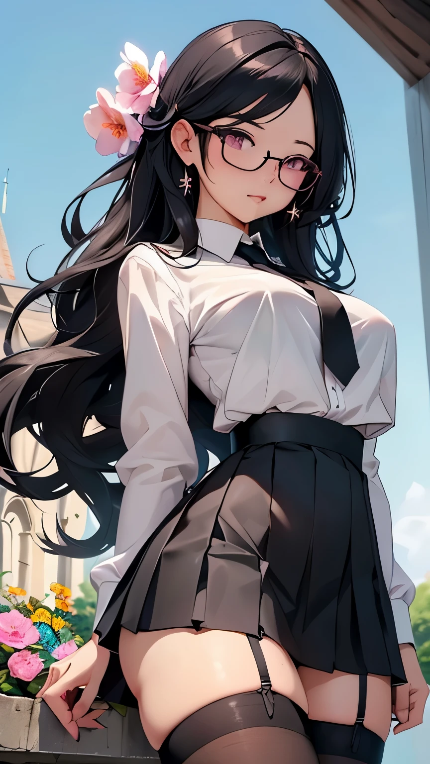 (long black wavy hair、sexy、detailed face、highly detailed eyes、double eyelid、pink glasses、thick formal white shirt)、(Black short tight mini pleated skirt:1.3)、(sexyピンクのパンティーを見せつける)、(pink short tie)、 (black garter belt:1.3)、(black thigh socks:1.3)、glamorous、slim waist、big ass、wide hips、(zettai ryouiki:1.3)) 、(5two-fingered hand、beautiful woman with perfect figure、High definition skin texture)、 (super close up:1.3)、(look at the camera:1.5)、(church、Many colorful flowers bloom in the background:1.3)、 (highest quality、8K、masterpiece)、(Centered、Scale to fit、Rule of thirds)、(NSFW:1.5)、looking at the camera、shot from below、open your legs