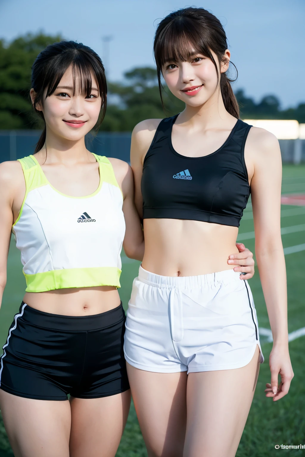 two girls at the track and field,wearing a track and field uniform、sports bra、sports bloomers、beautiful butt、Plump round butt,compression shorts,18-year-old,bangs,a little smile,thighs,knees,short cut hair,low ponytail,from below,front light、lit up at night