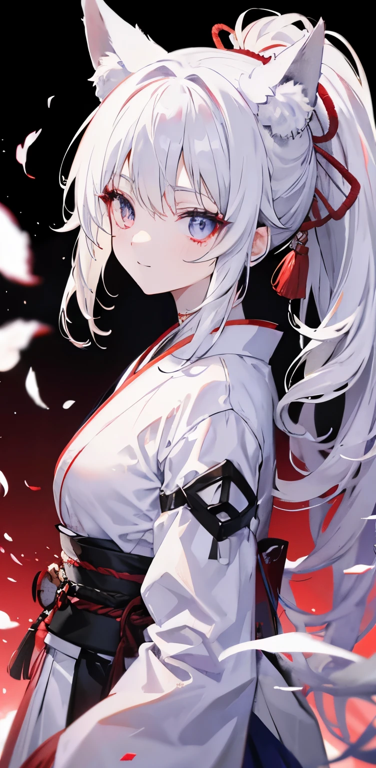 white hair stained with blood、ponytail、eyes that have lost their light、Hakama stained with blood、fox ears、fox tail、Japan、crazy smile、girl、dark background、long sword