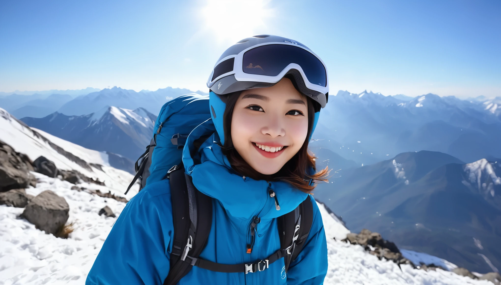 "((high quality, realistic, top-notch realism, be familiar with :1.1)), (1 girl, Stoop slightly and pose for the camera, snow mountainの洋服を着て, enchanting smile, fascinating look), (Natural light, full body portrait, soft shadow,)"sunglasseountaineering helmet、Northern Alps、Directly below the summit、the sun shines、snow mountain、vertical cliff、climbing、full body style