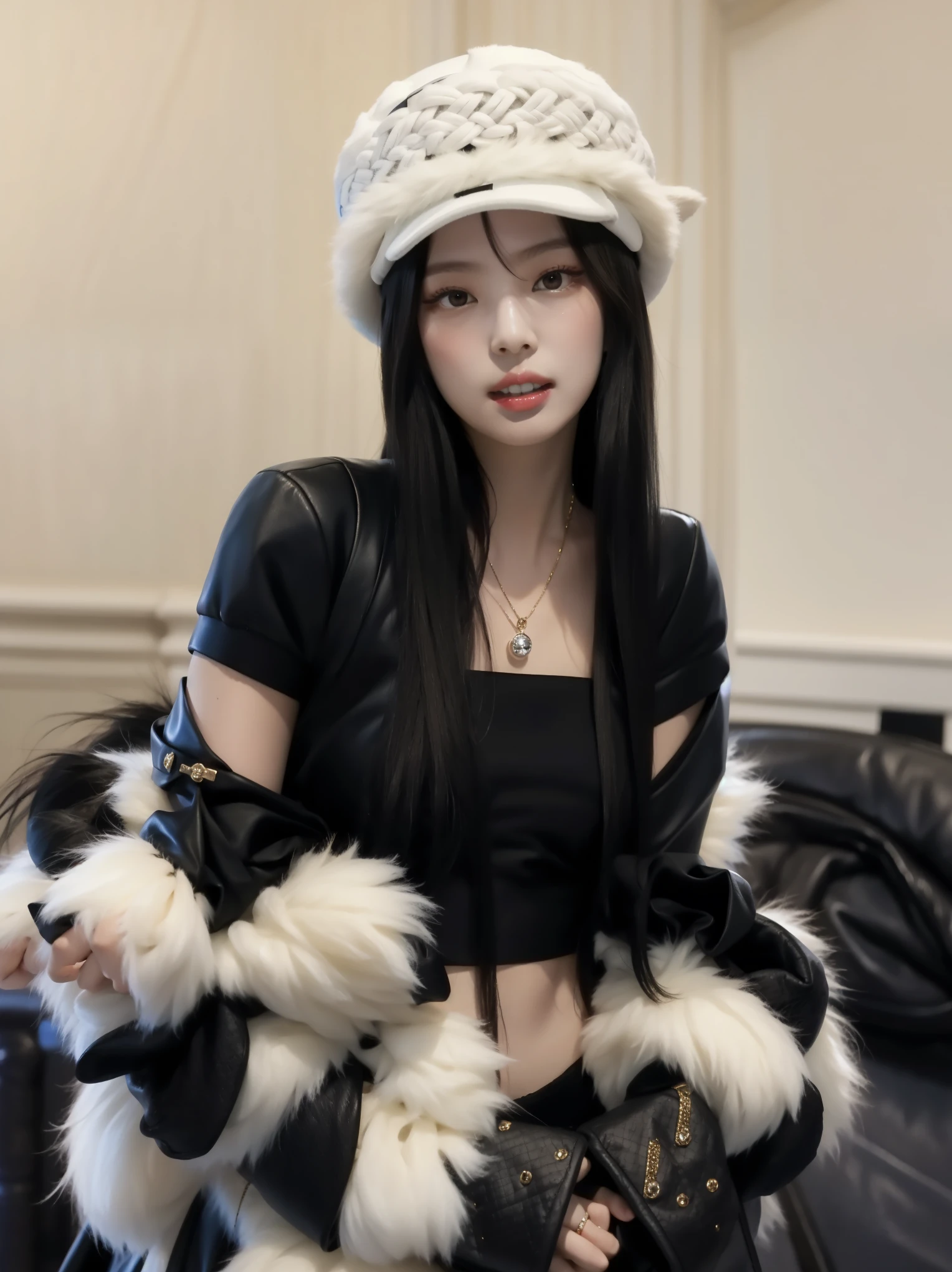 araffe woman with black hair and white hat and black gloves, cruel korean goth girl, capturado em canon eos r 6, modelo de moda feminina coreana, Jisoo do Blackpink, with fluffy white fur, jennie kim , Retrato de Jennie do Blackpink, Ulzzang, she is wearing streetwear, Heonhwa Choe, com cabelos longos brancos