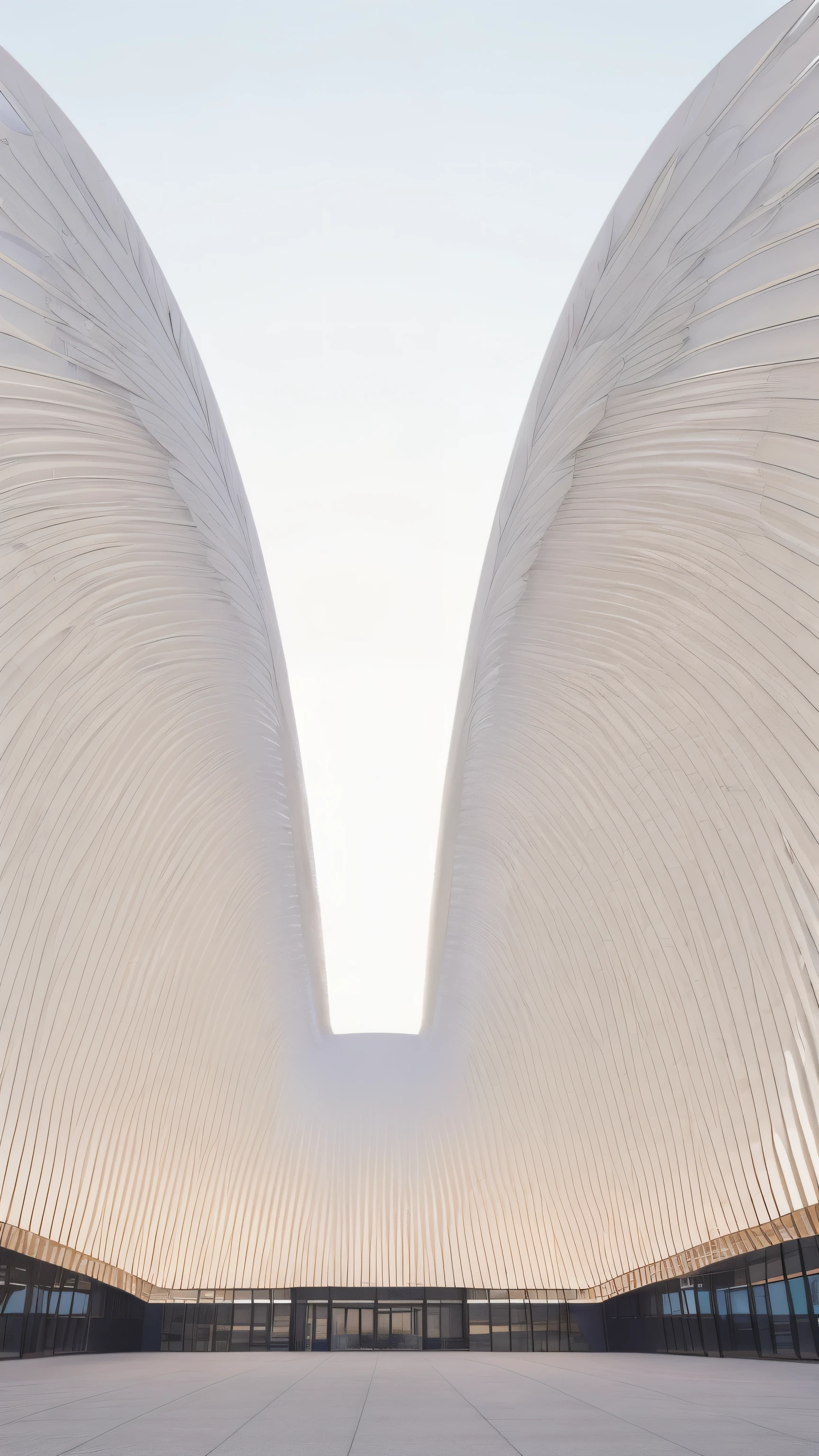 a symmetrical wing-shaped building,simple shape,Shape like angel wings,Light transmission,3D rendering,super high quality,E-commerce style
